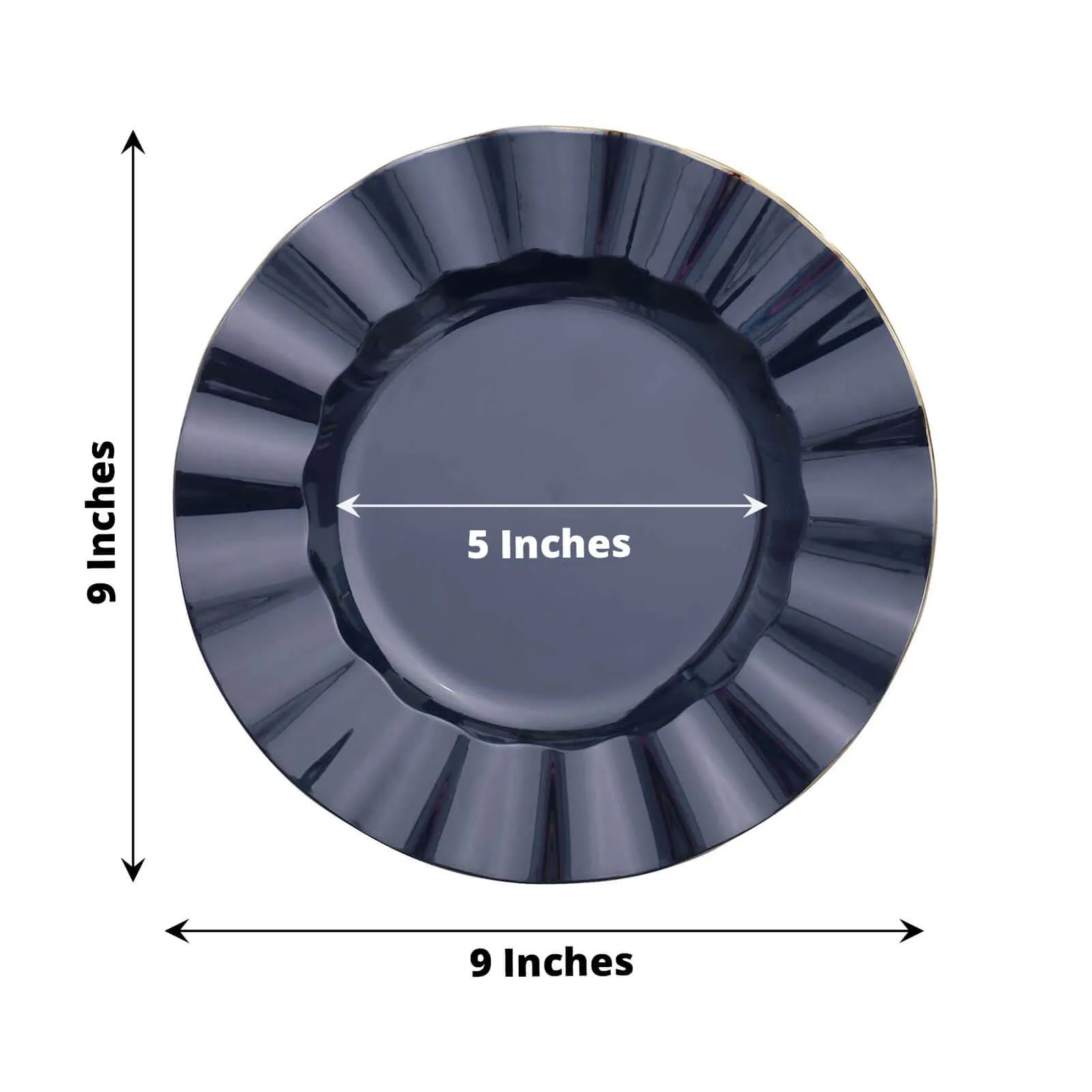 10 Pack 9" Navy Blue Heavy Duty Disposable Dinner Plates with Gold Ruffled Rim, Hard Plastic Dinnerware