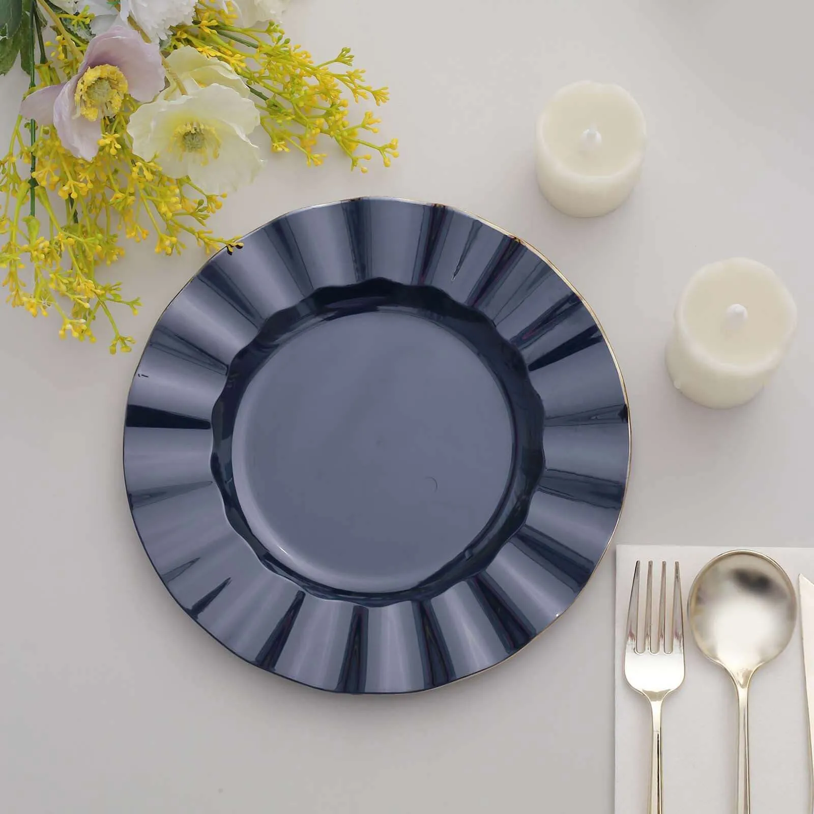 10 Pack 9" Navy Blue Heavy Duty Disposable Dinner Plates with Gold Ruffled Rim, Hard Plastic Dinnerware