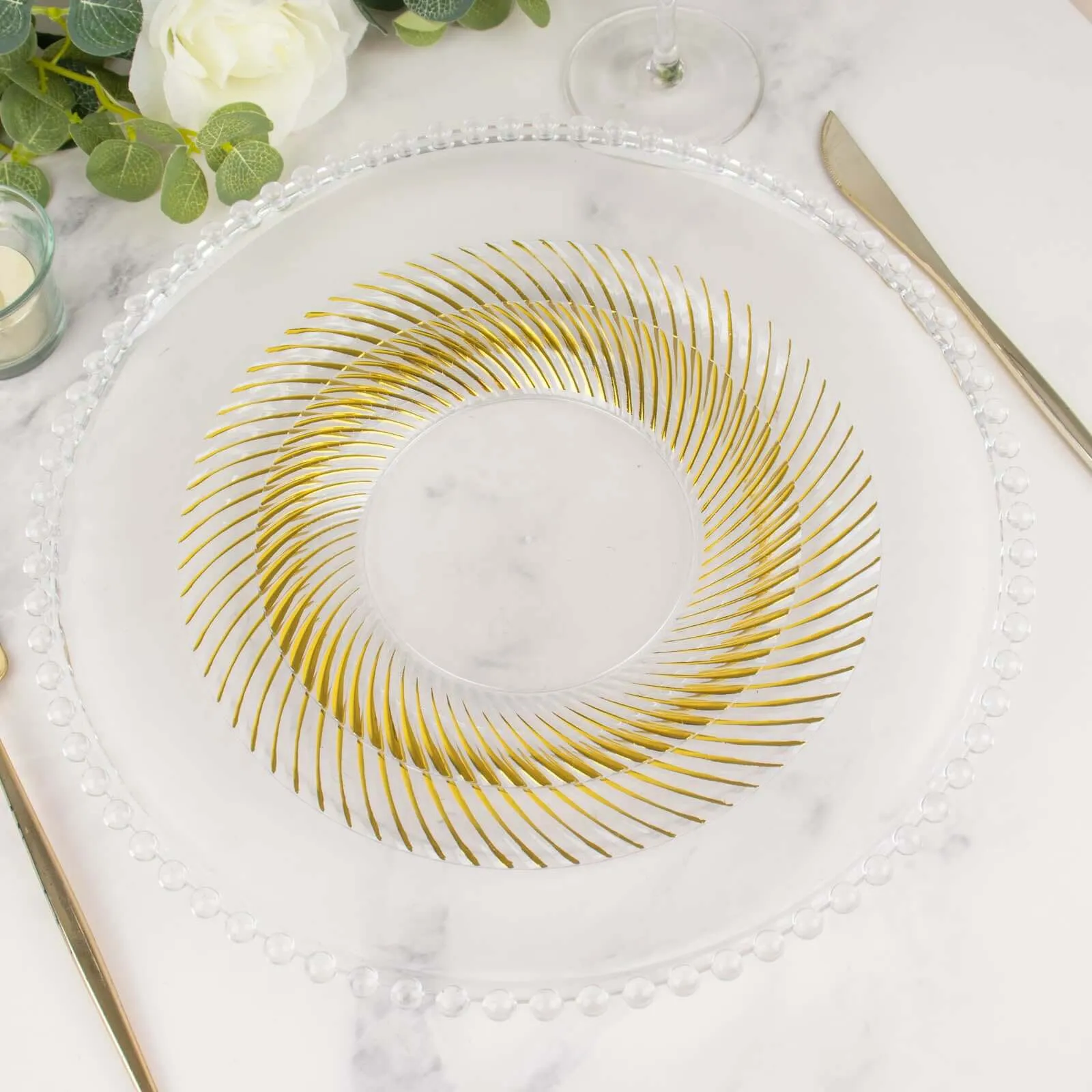 10 Pack Clear Plastic Party Plates with Gold Swirl Rim, 9" Round Disposable Dinner Plates