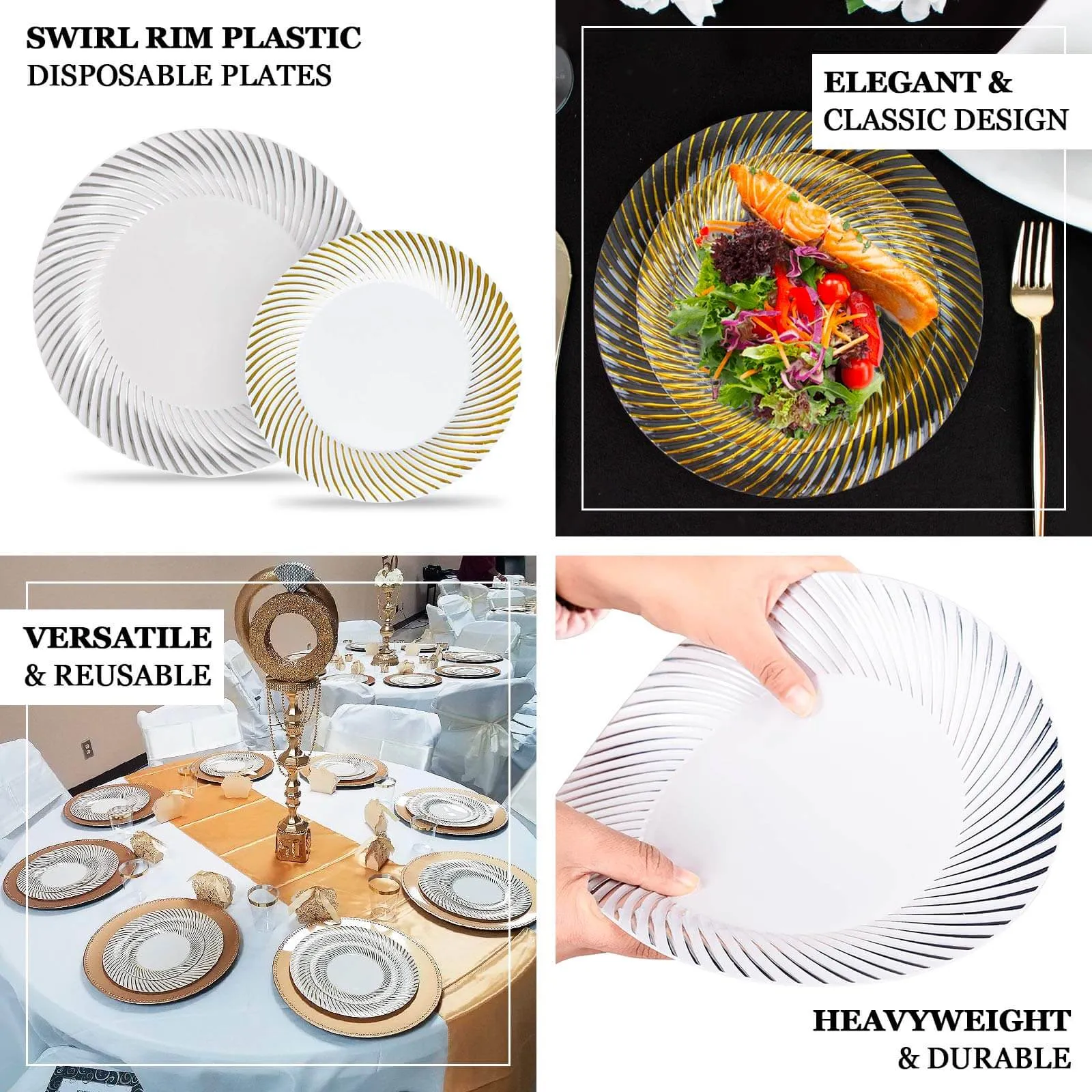 10 Pack Clear Plastic Party Plates with Gold Swirl Rim, 9" Round Disposable Dinner Plates