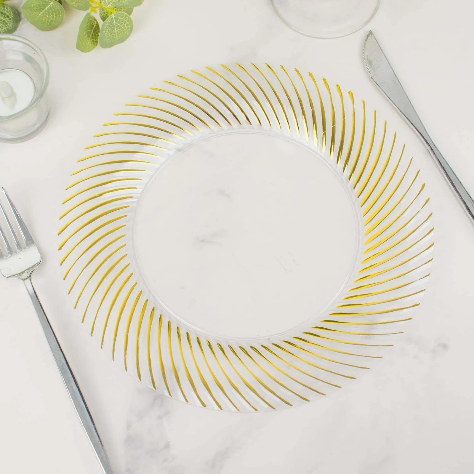 10 Pack Clear Plastic Party Plates with Gold Swirl Rim, 9" Round Disposable Dinner Plates