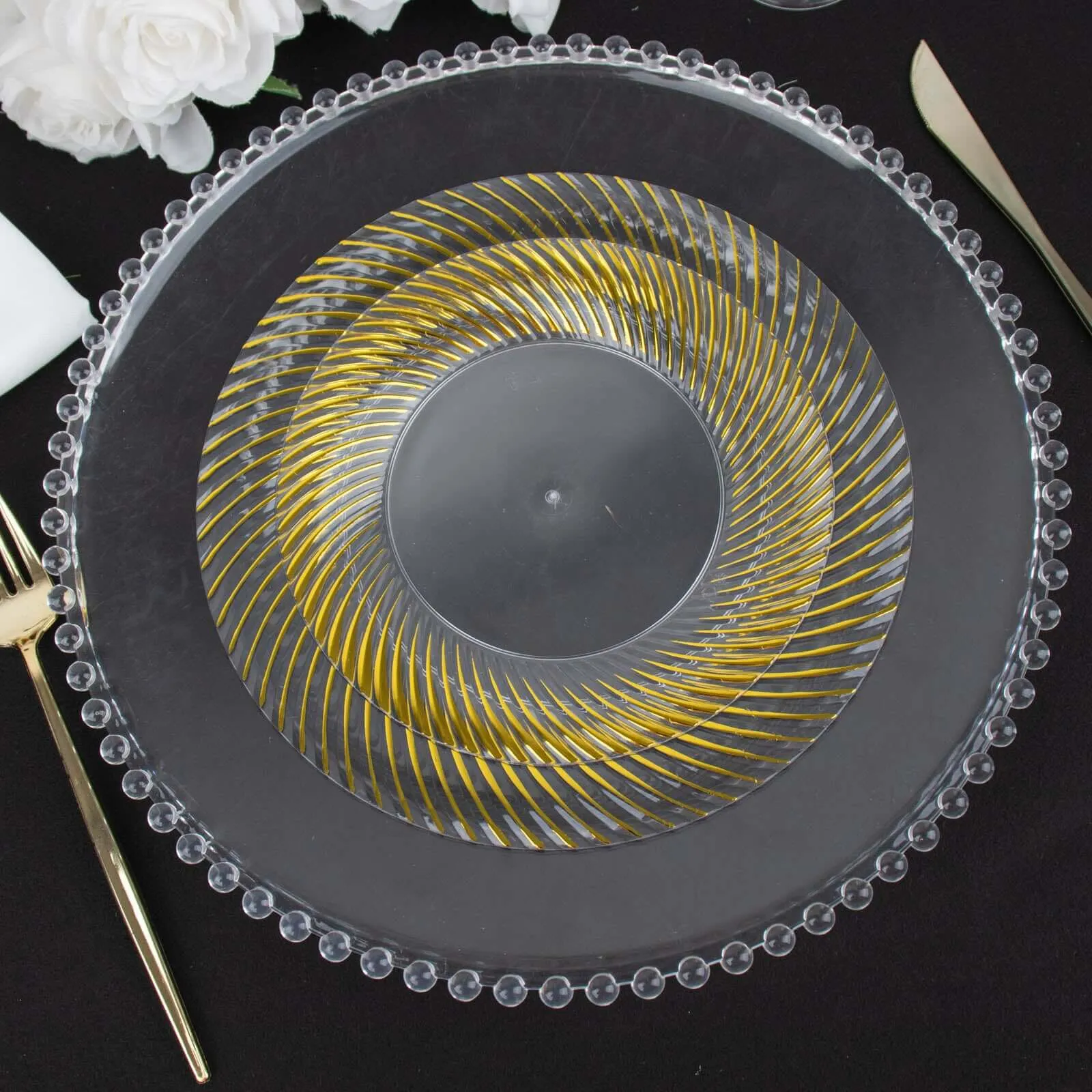 10 Pack Clear Plastic Party Plates with Gold Swirl Rim, 9" Round Disposable Dinner Plates