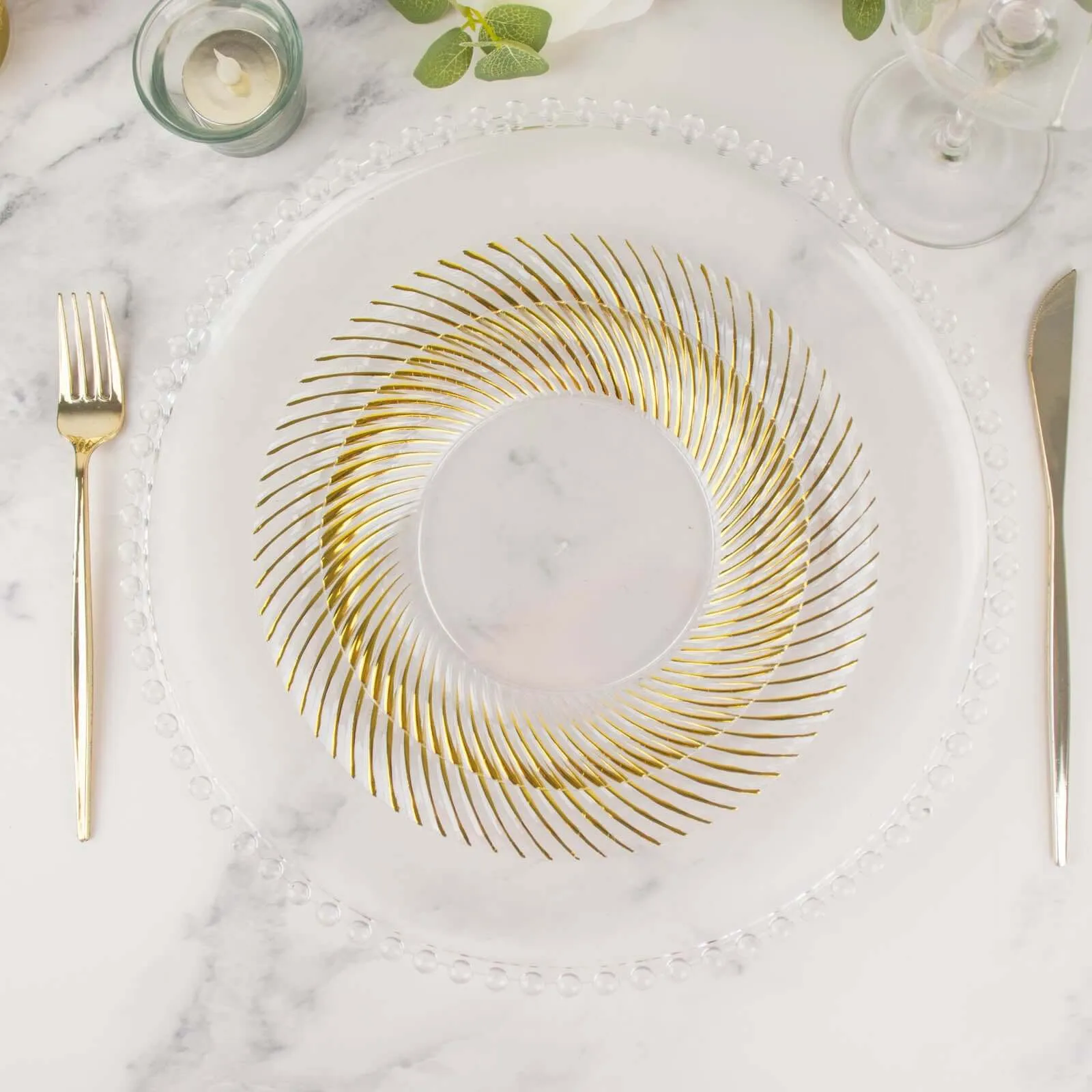 10 Pack Clear Plastic Party Plates with Gold Swirl Rim, 9" Round Disposable Dinner Plates