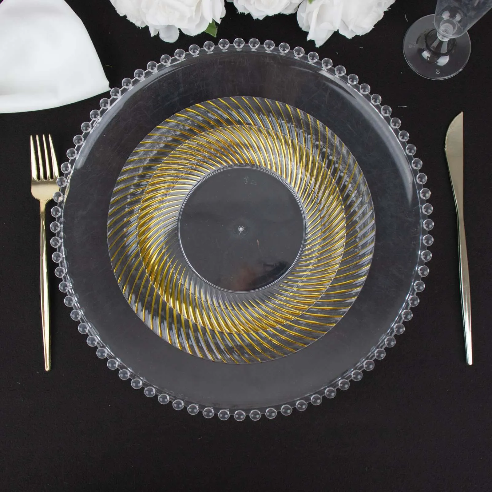 10 Pack Clear Plastic Party Plates with Gold Swirl Rim, 9" Round Disposable Dinner Plates