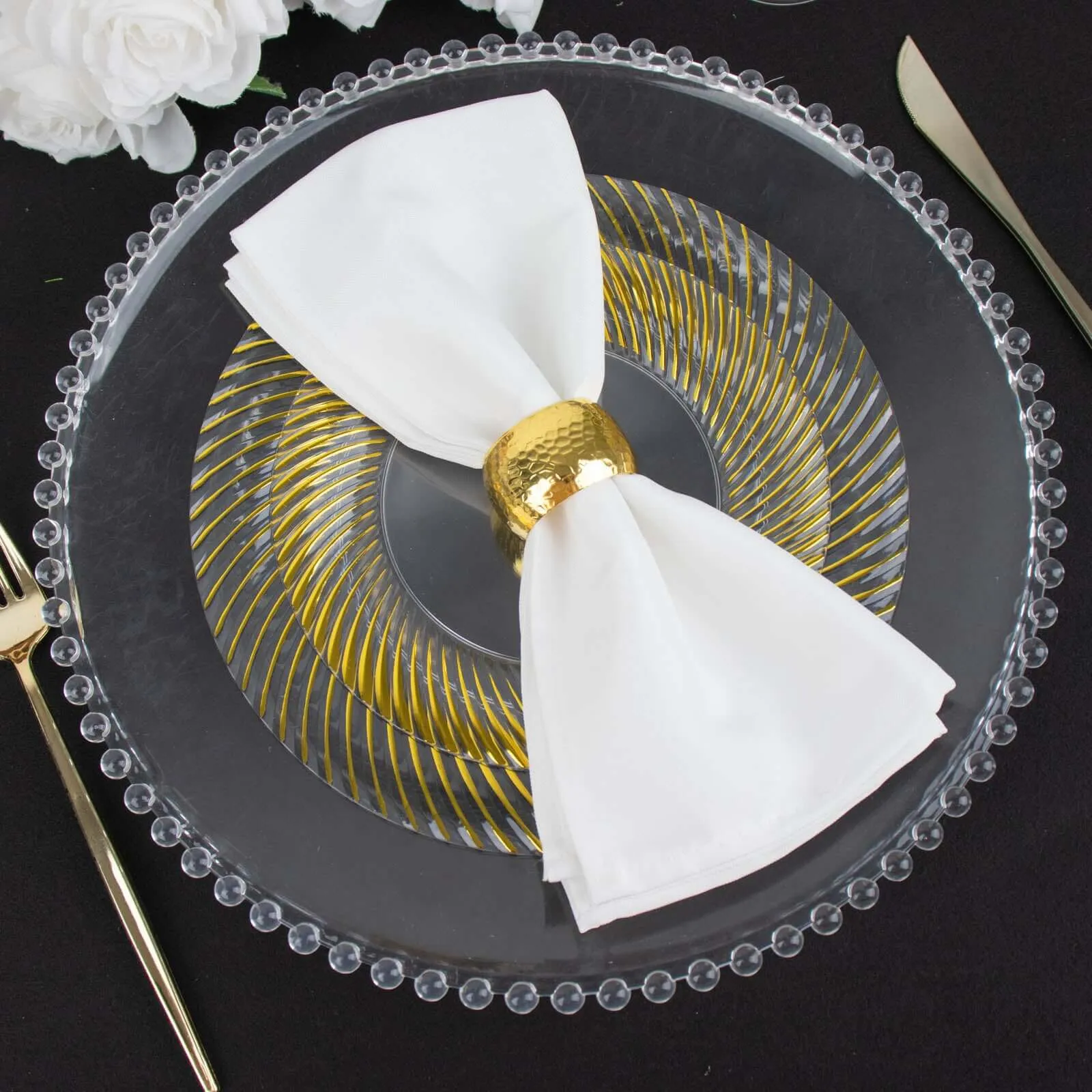 10 Pack Clear Plastic Party Plates with Gold Swirl Rim, 9" Round Disposable Dinner Plates