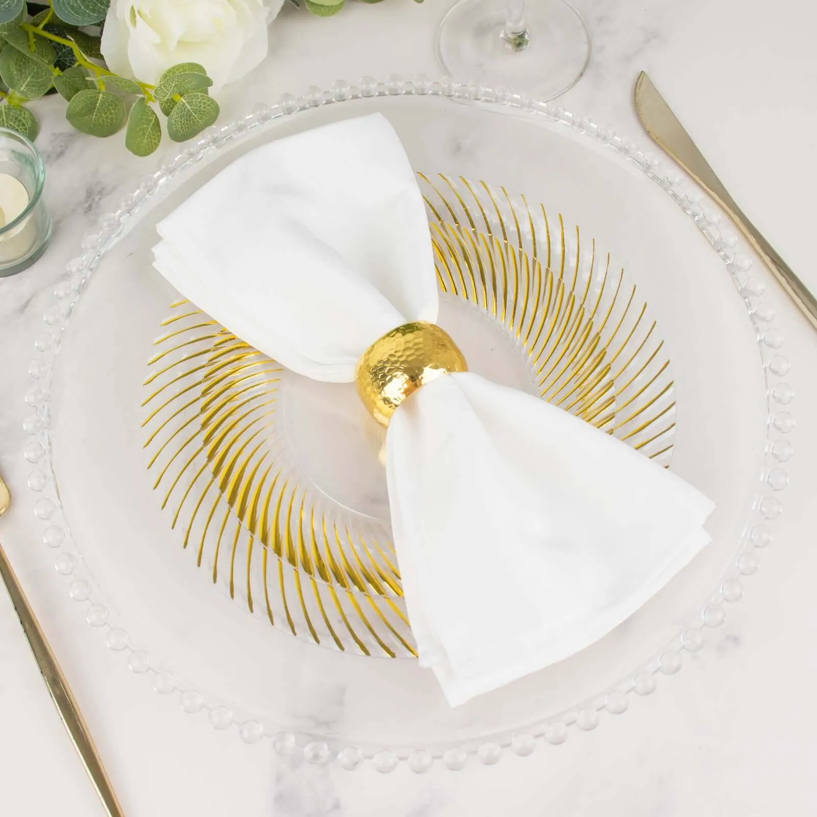 10 Pack Clear Plastic Party Plates with Gold Swirl Rim, 9" Round Disposable Dinner Plates