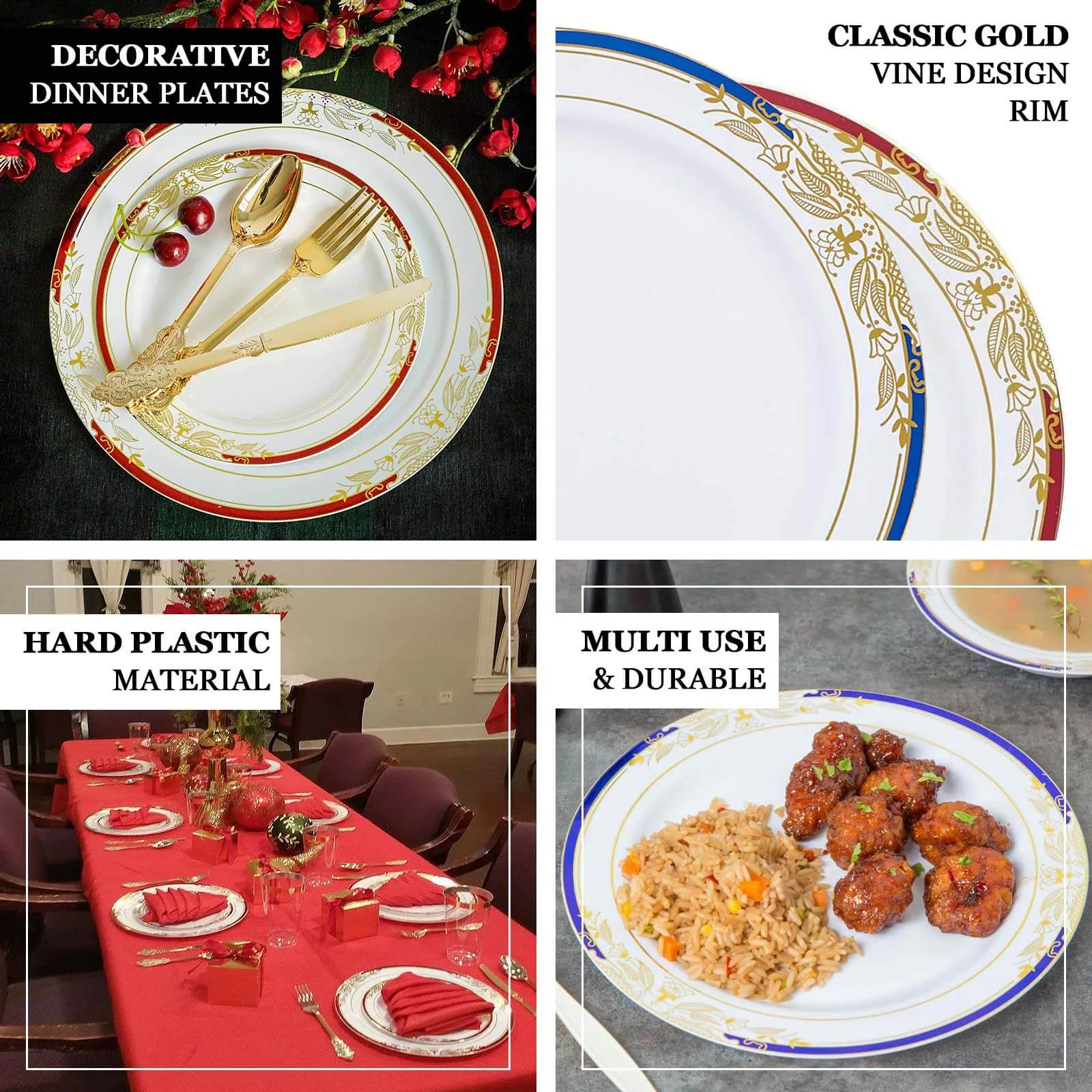 10 Pack White With Red Rim 8" Plastic Appetizer Salad Plates, Round With Gold Vine Design