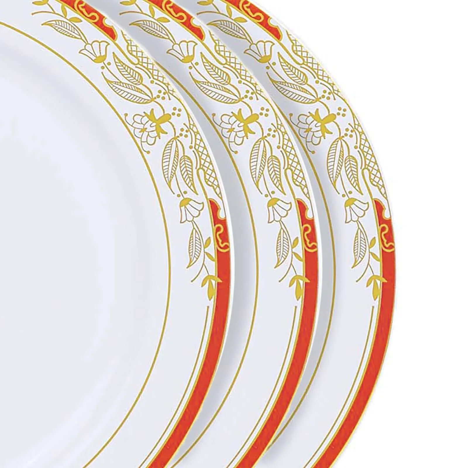 10 Pack White With Red Rim 8" Plastic Appetizer Salad Plates, Round With Gold Vine Design