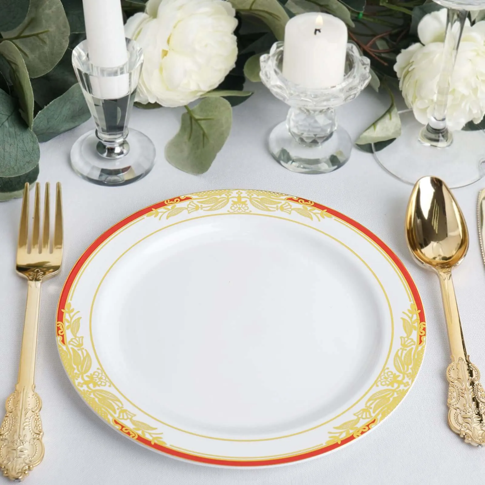 10 Pack White With Red Rim 8" Plastic Appetizer Salad Plates, Round With Gold Vine Design