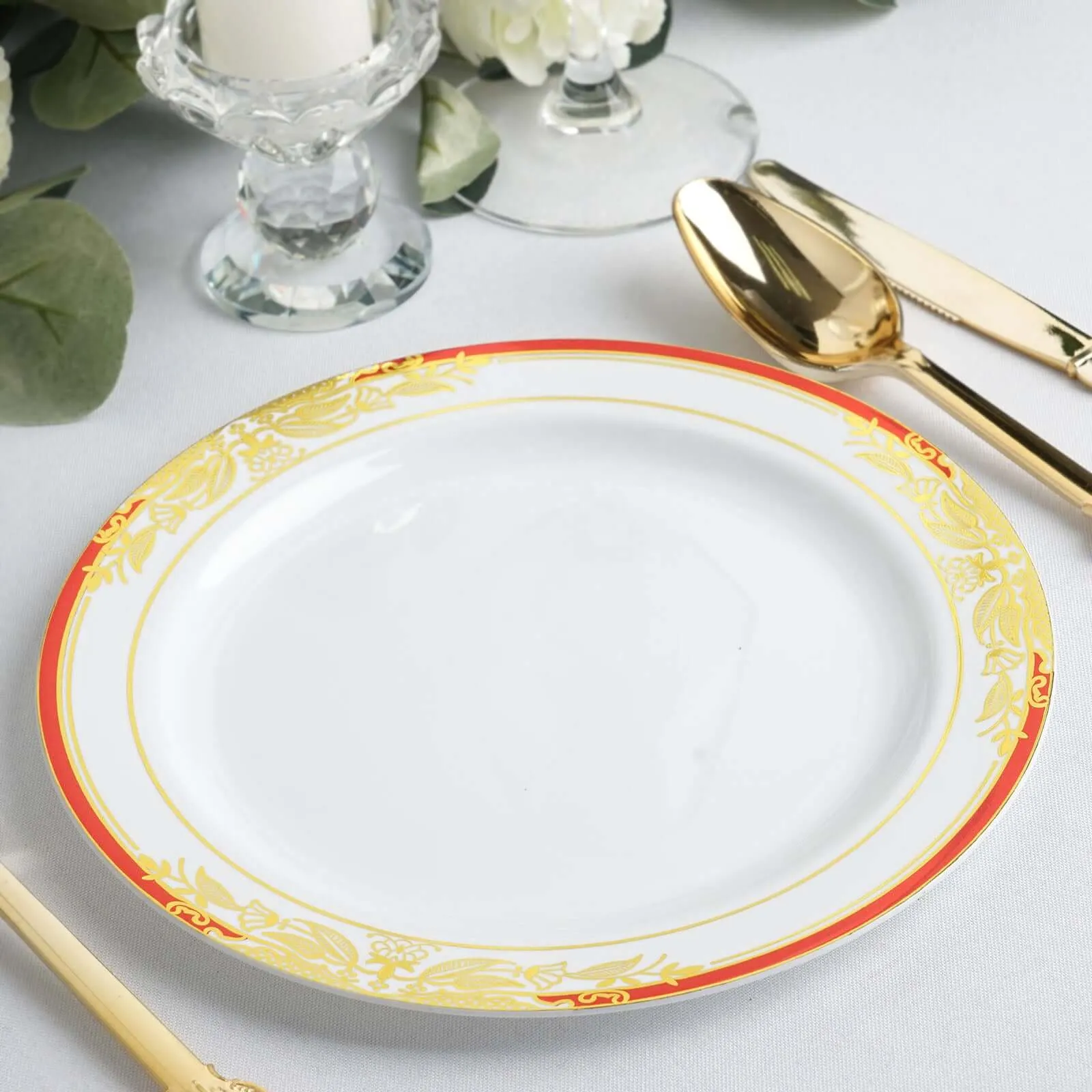 10 Pack White With Red Rim 8" Plastic Appetizer Salad Plates, Round With Gold Vine Design