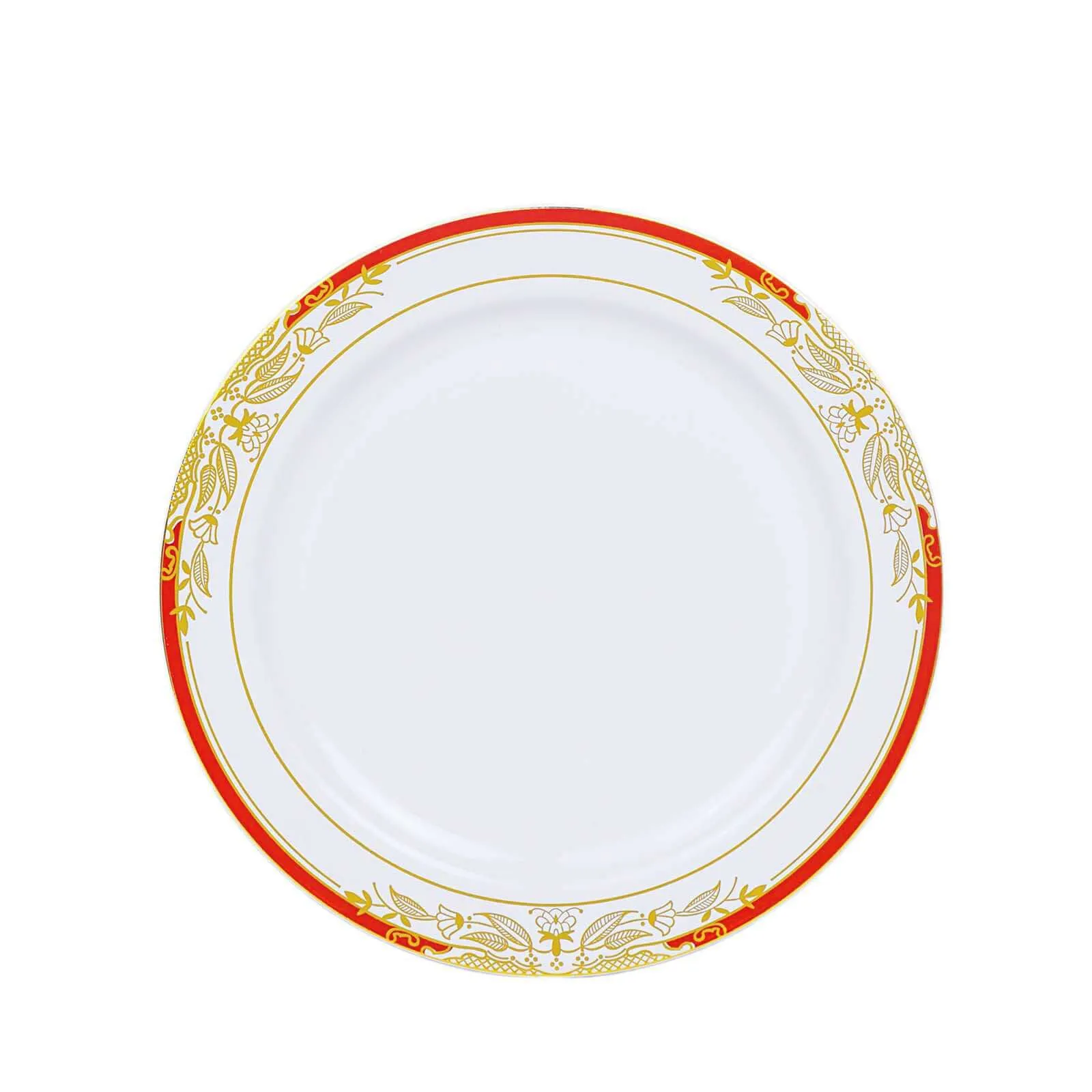 10 Pack White With Red Rim 8" Plastic Appetizer Salad Plates, Round With Gold Vine Design