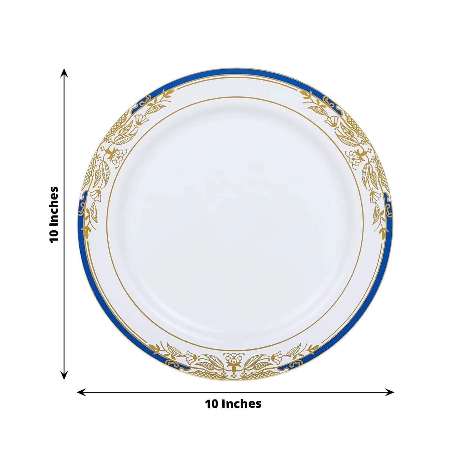 10 Pack White With Royal Blue Rim 10" Plastic Dinner Plates, Round With Gold Vine Design