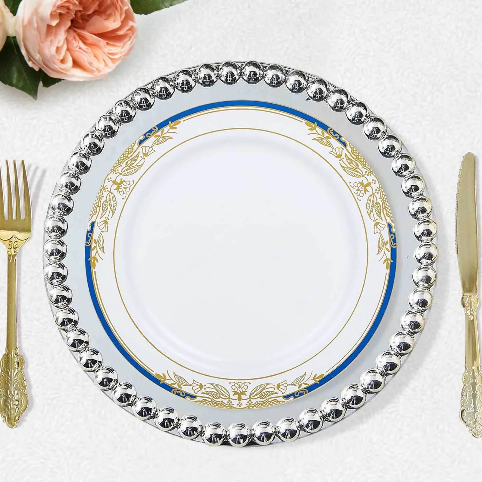 10 Pack White With Royal Blue Rim 10" Plastic Dinner Plates, Round With Gold Vine Design