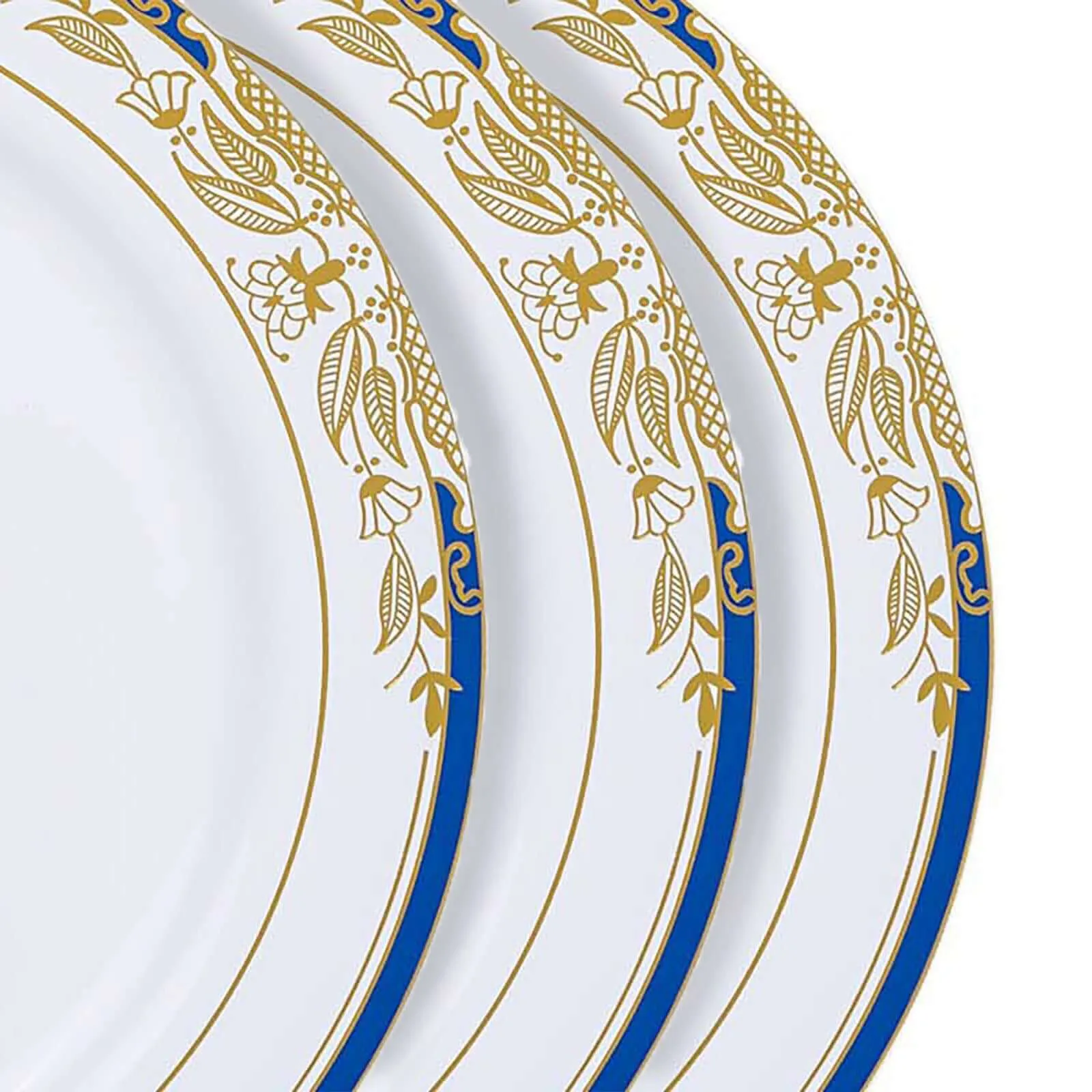 10 Pack White With Royal Blue Rim 10" Plastic Dinner Plates, Round With Gold Vine Design