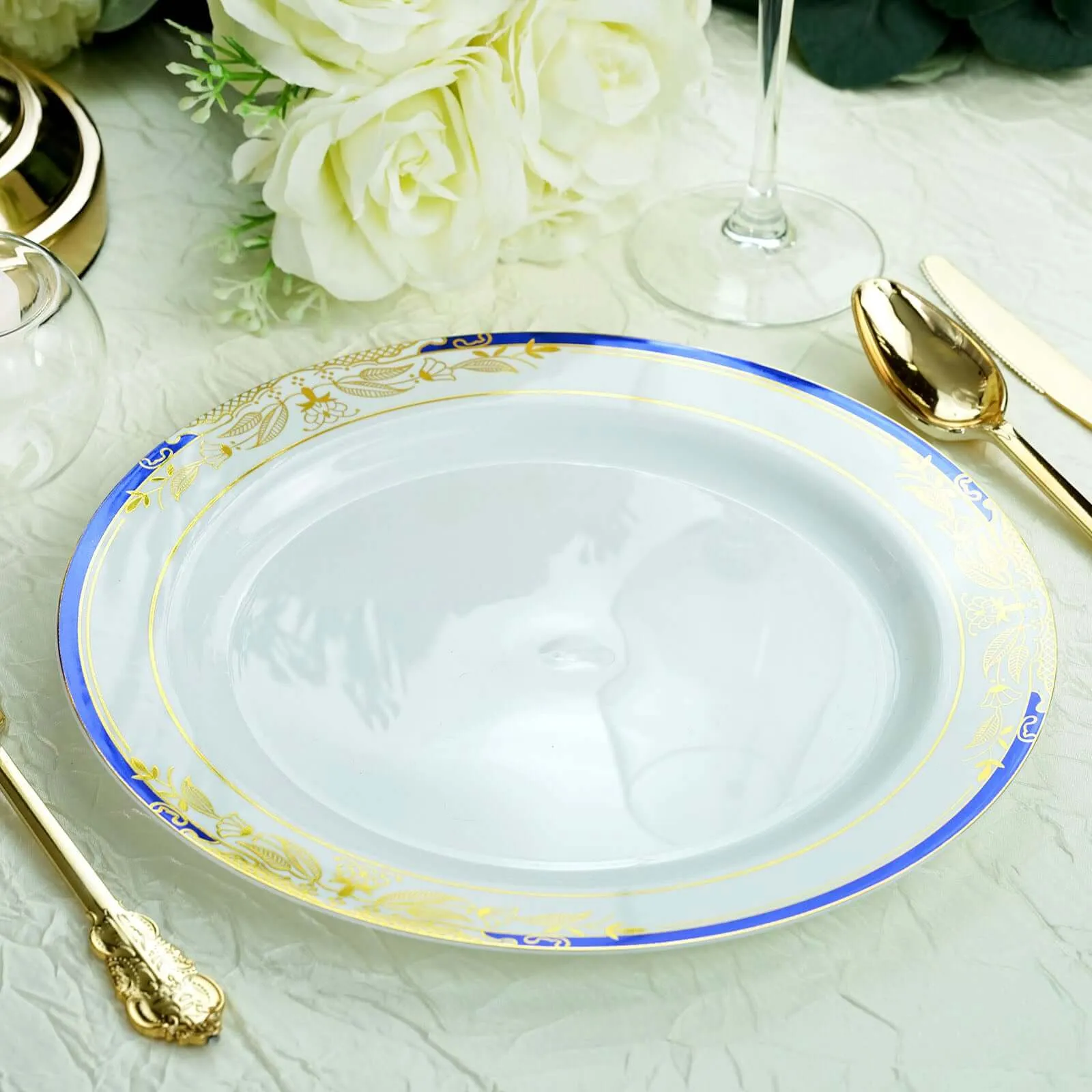 10 Pack White With Royal Blue Rim 10" Plastic Dinner Plates, Round With Gold Vine Design