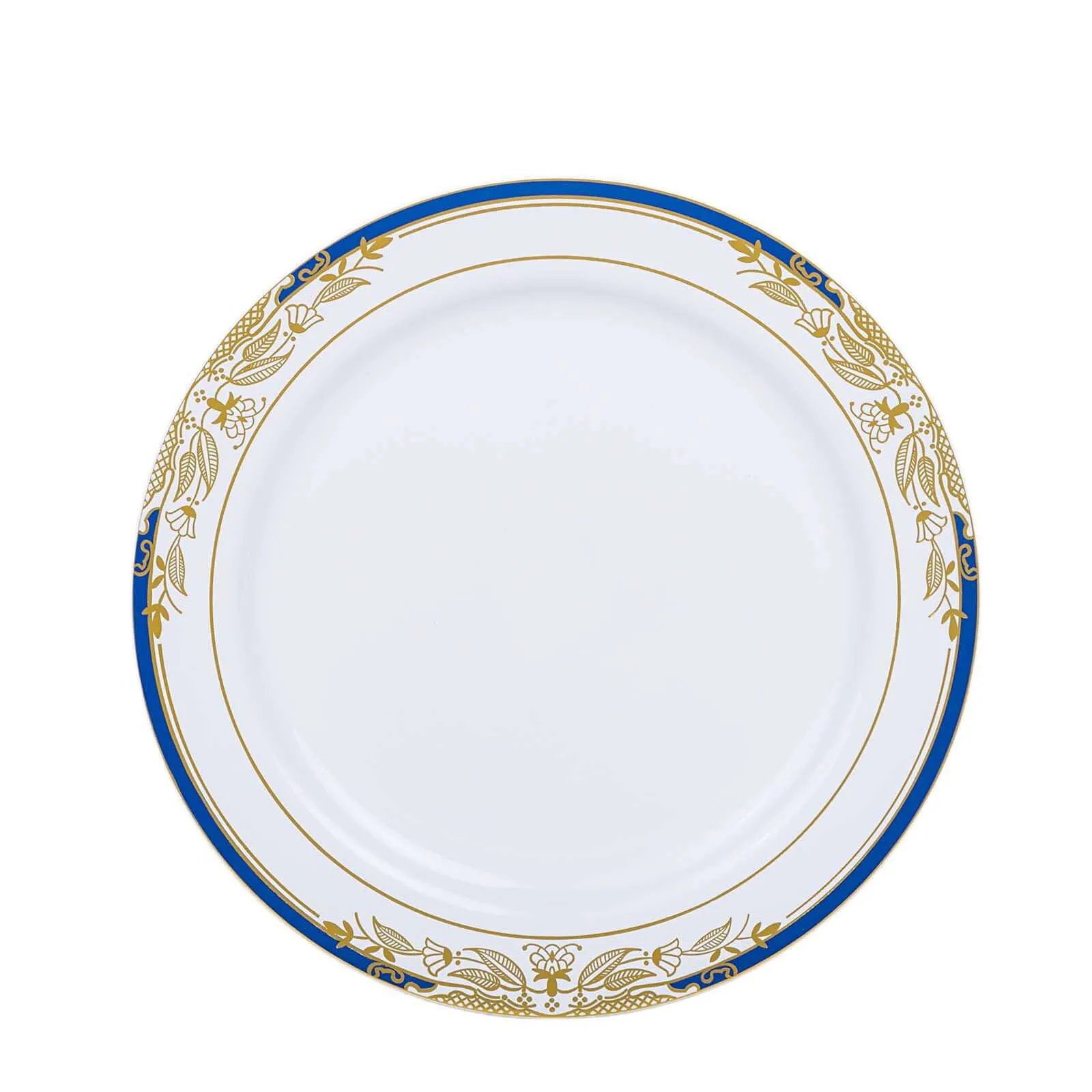 10 Pack White With Royal Blue Rim 10" Plastic Dinner Plates, Round With Gold Vine Design