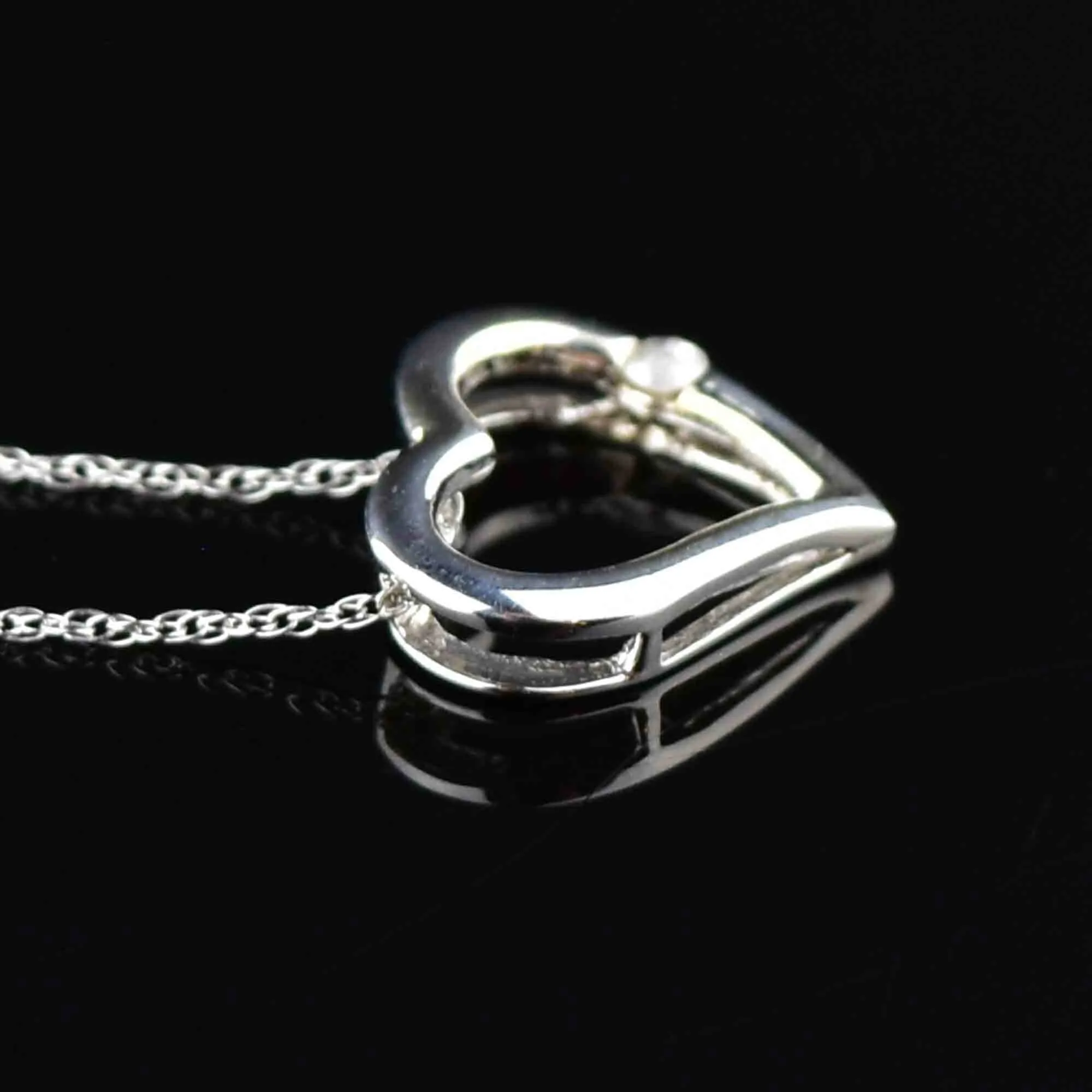 10K White Gold Diamond Heart Slider Pendant Necklace