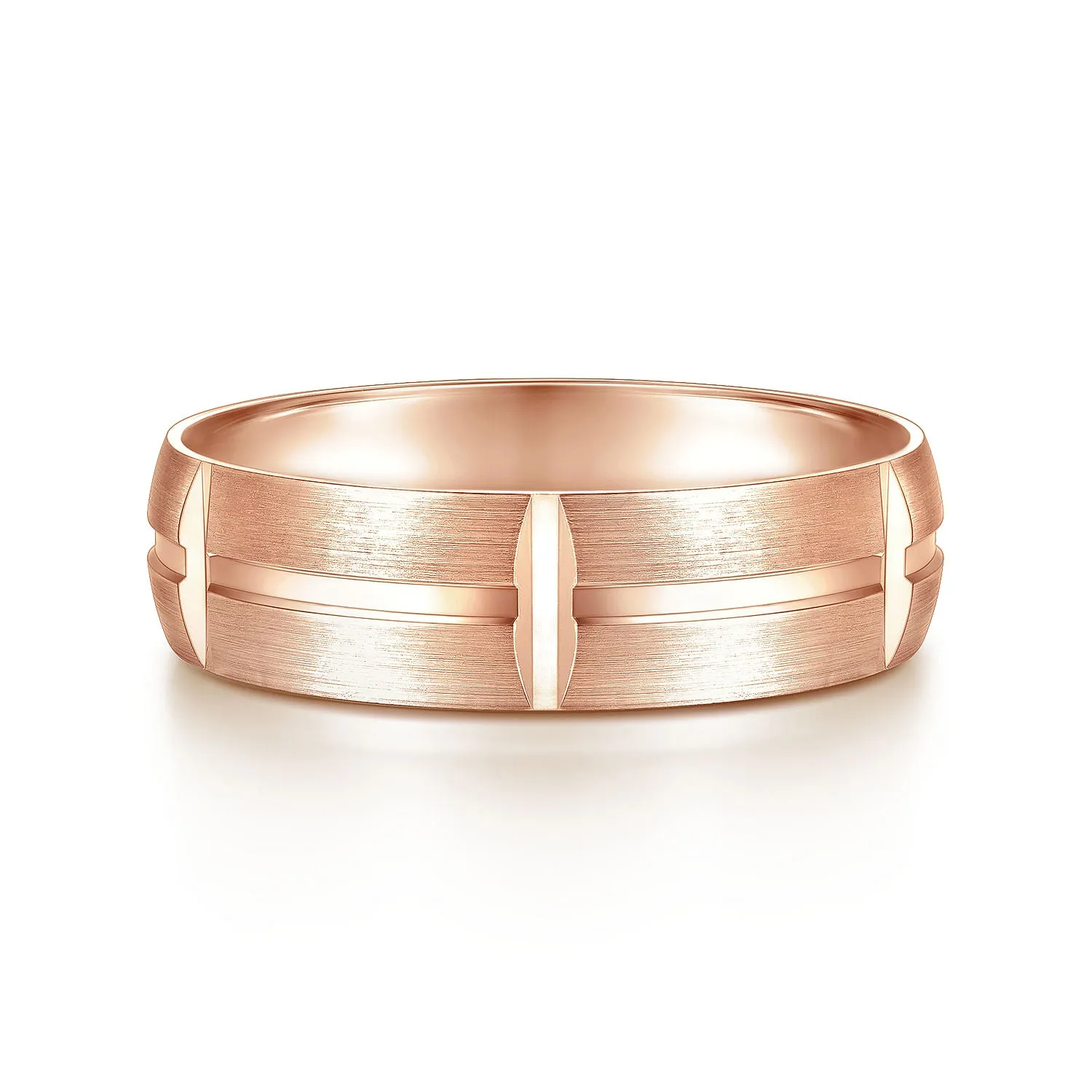 14K Rose Gold 6mm - Carved Station Men's Wedding Band in Satin Finish