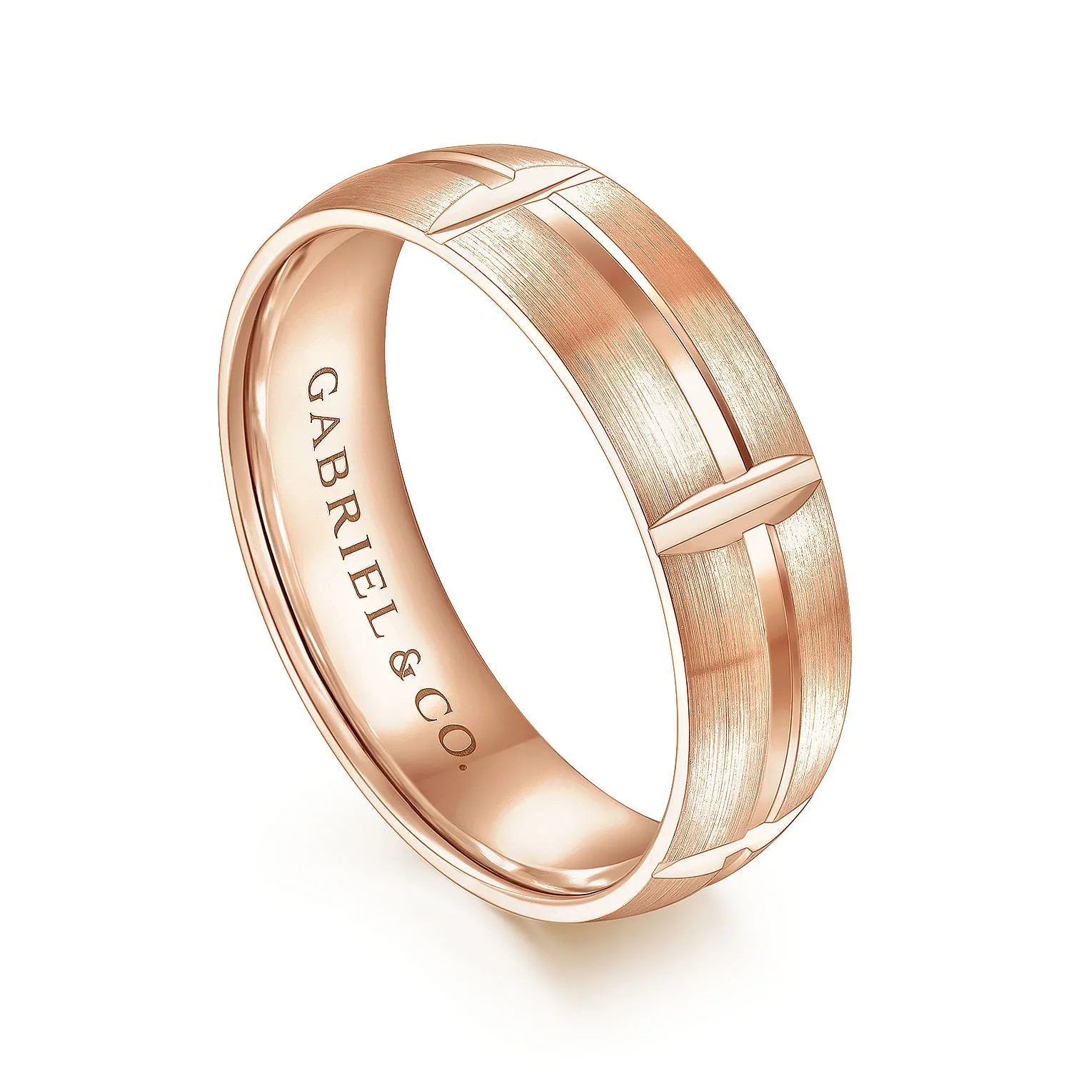 14K Rose Gold 6mm - Carved Station Men's Wedding Band in Satin Finish