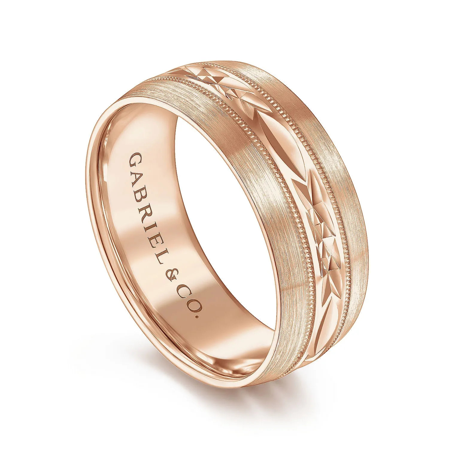 14K Rose Gold 8mm - Engraved Men's Wedding Band in Satin Finish