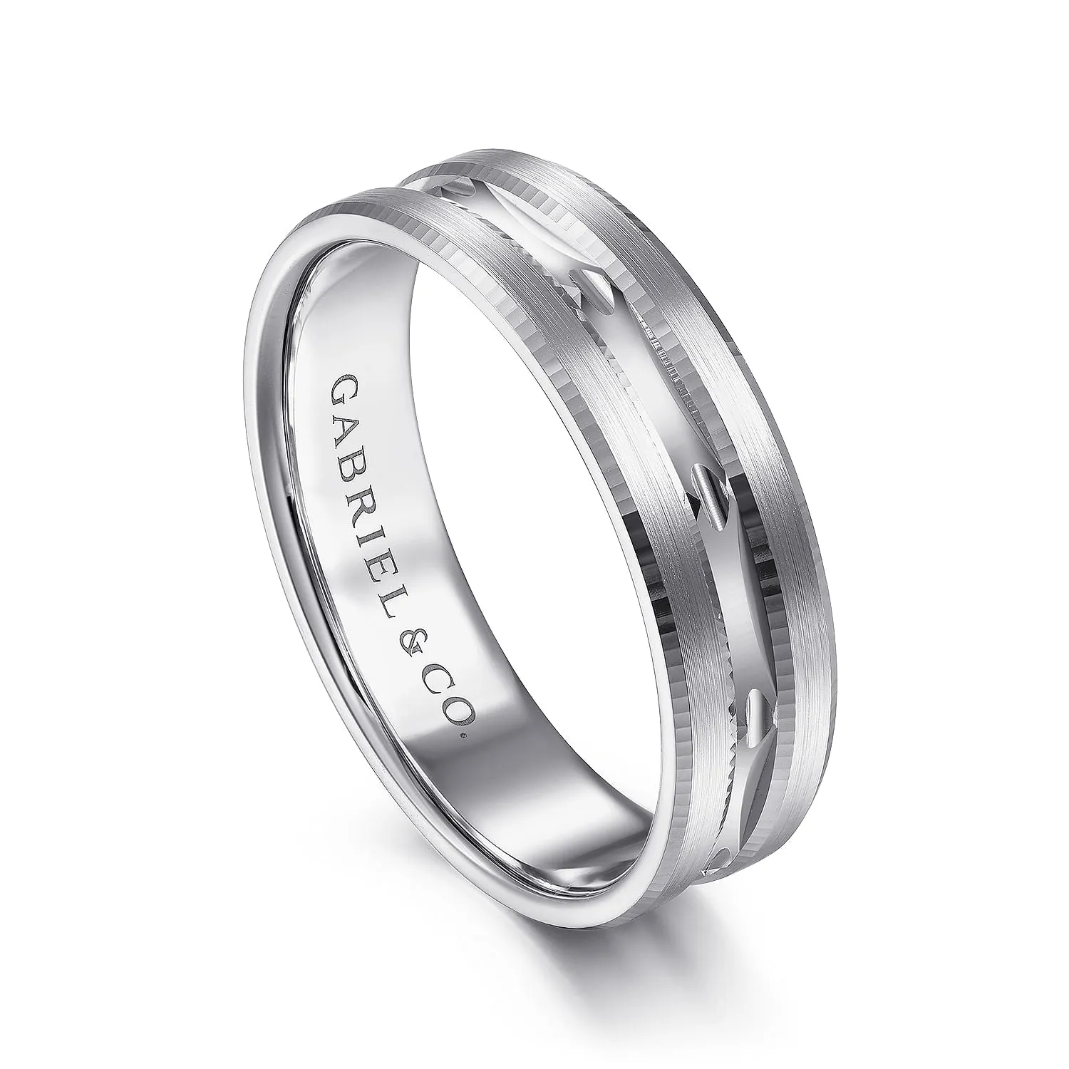 14K White Gold 6mm - Carved Men's Wedding Band in Satin Finish