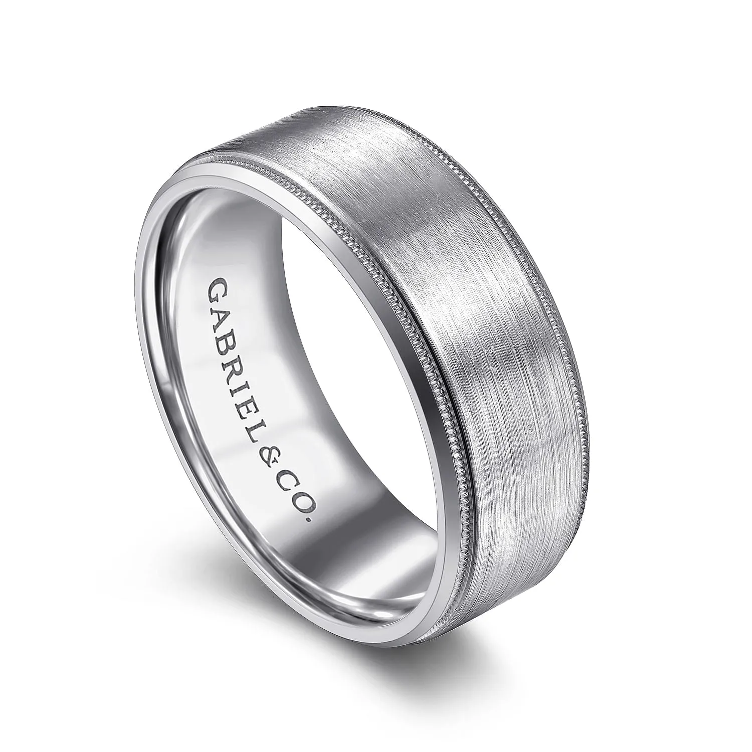 14K White Gold 8mm - Beveled Edge Men's Wedding Band in Satin Finish