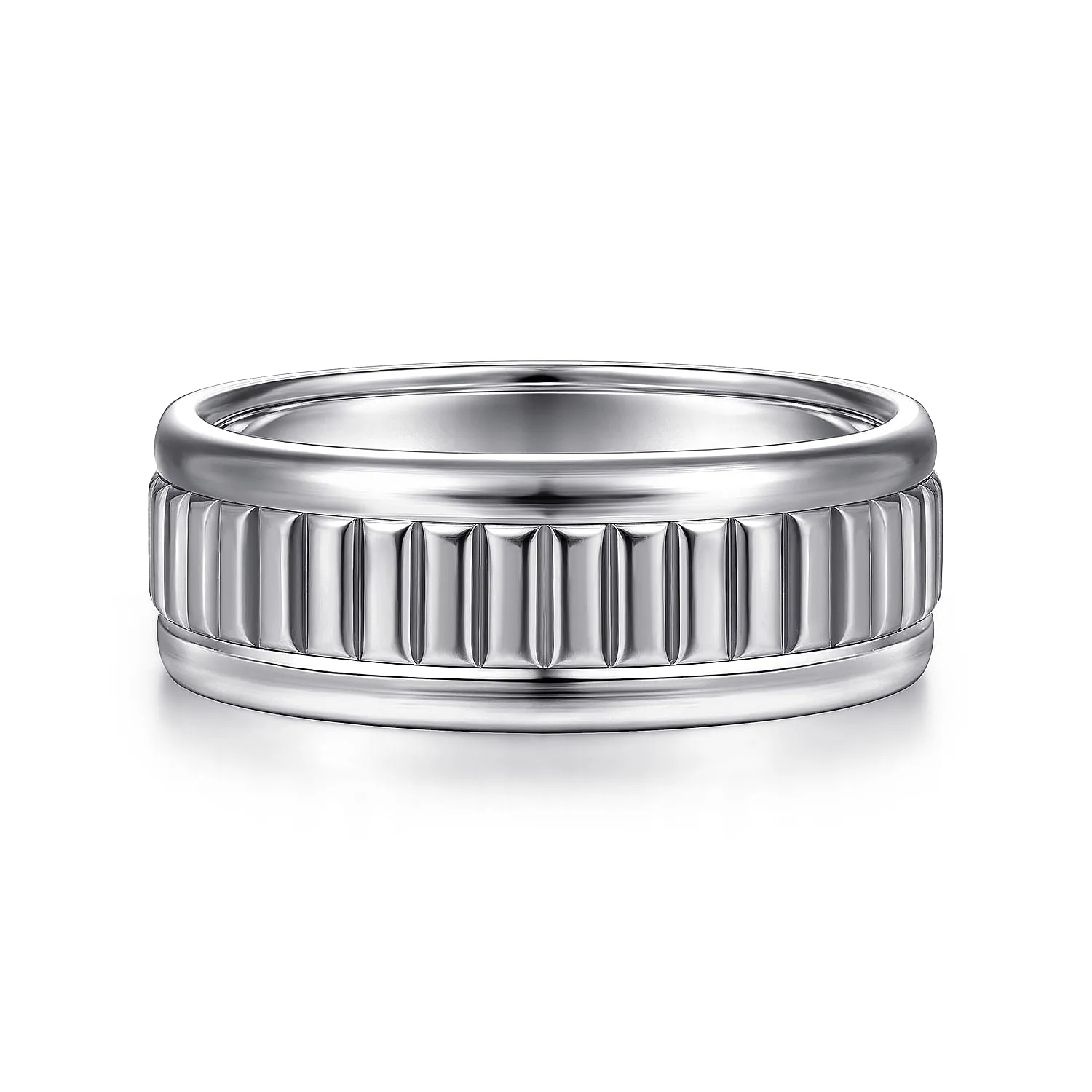 14K White Gold 8mm - Carved Men's Wedding Band in High Polish Finish