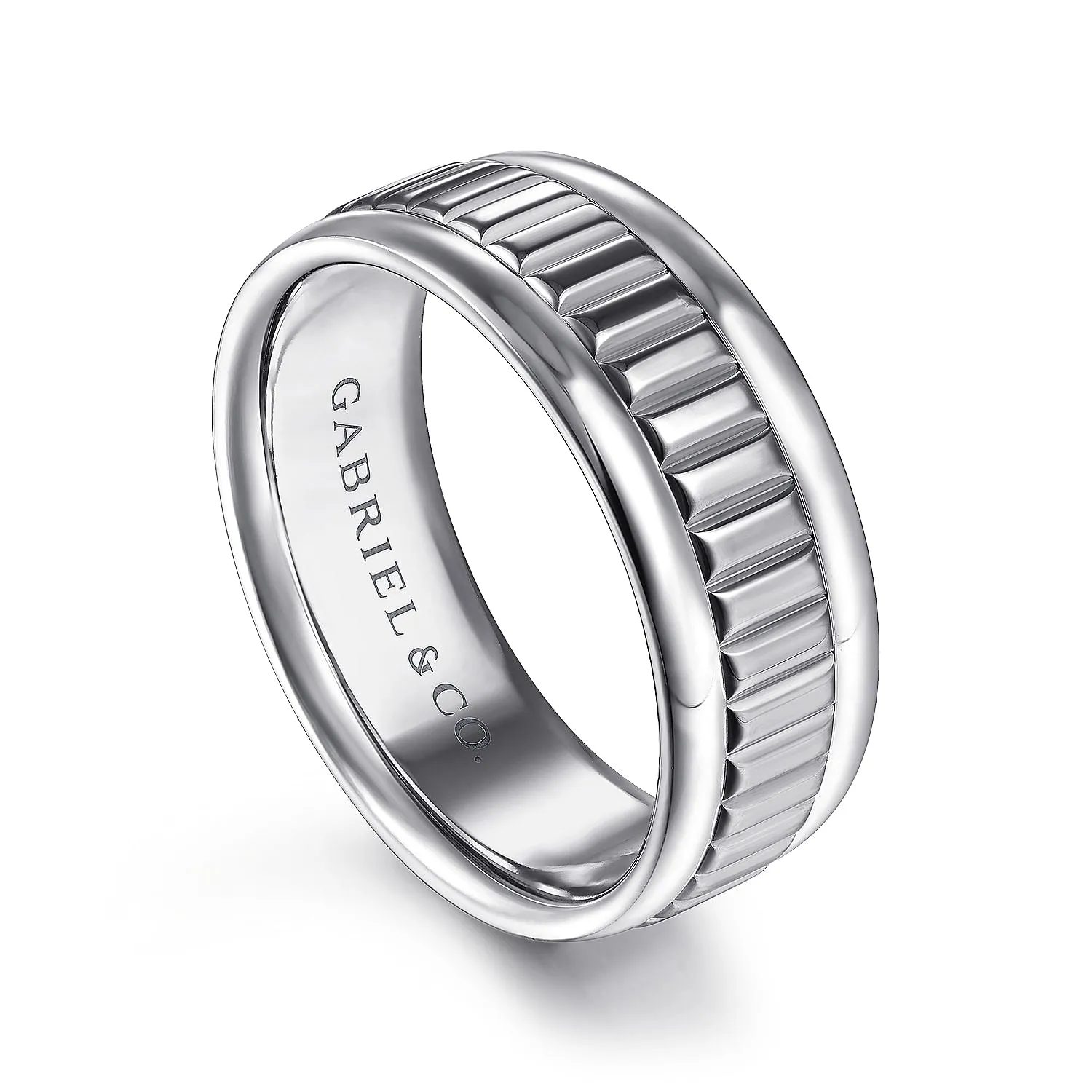 14K White Gold 8mm - Carved Men's Wedding Band in High Polish Finish