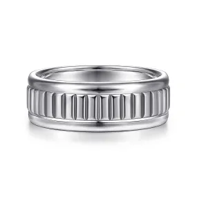 14K White Gold 8mm - Carved Men's Wedding Band in High Polish Finish