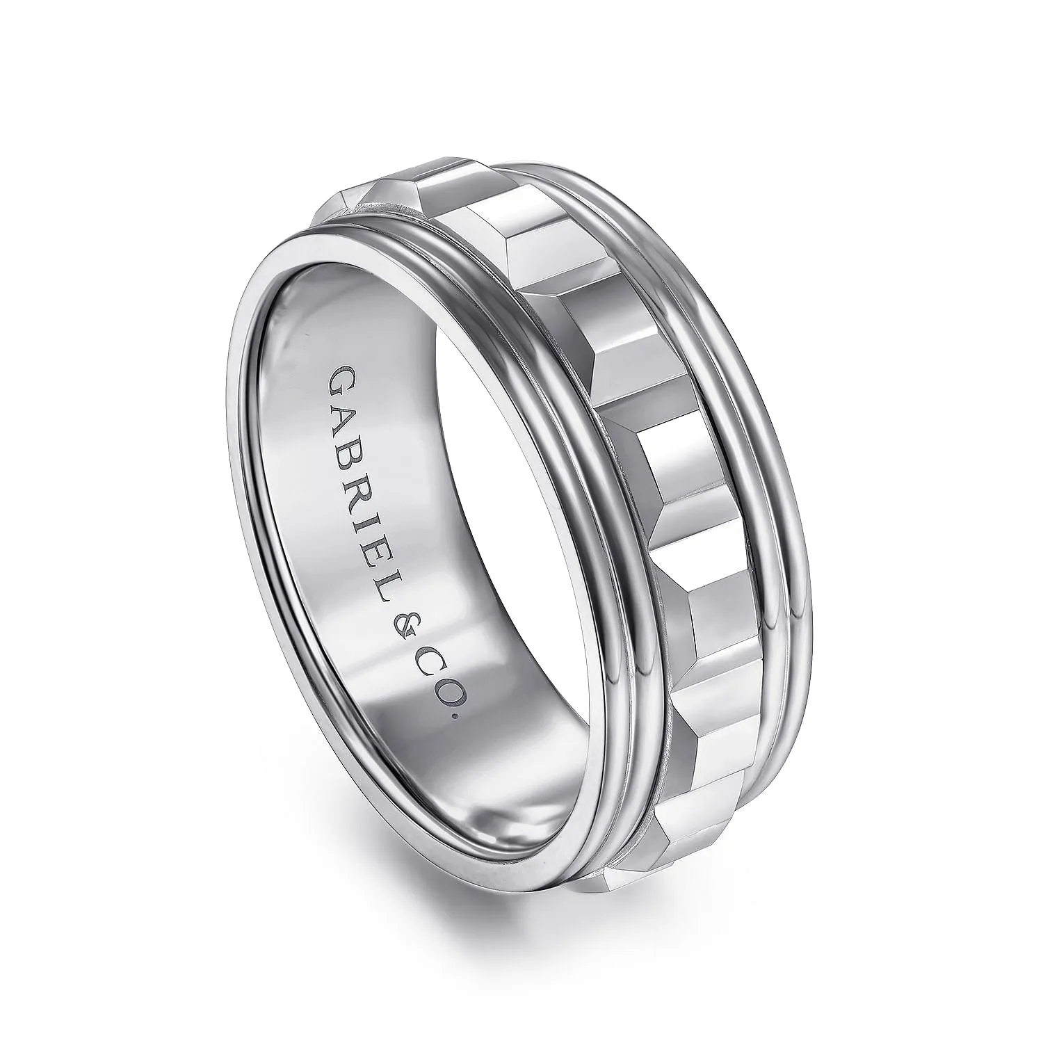 14K White Gold 8mm - Diamond Cut Inner Channel, Rounded Edge Men's Wedding Band in High Polished Finish