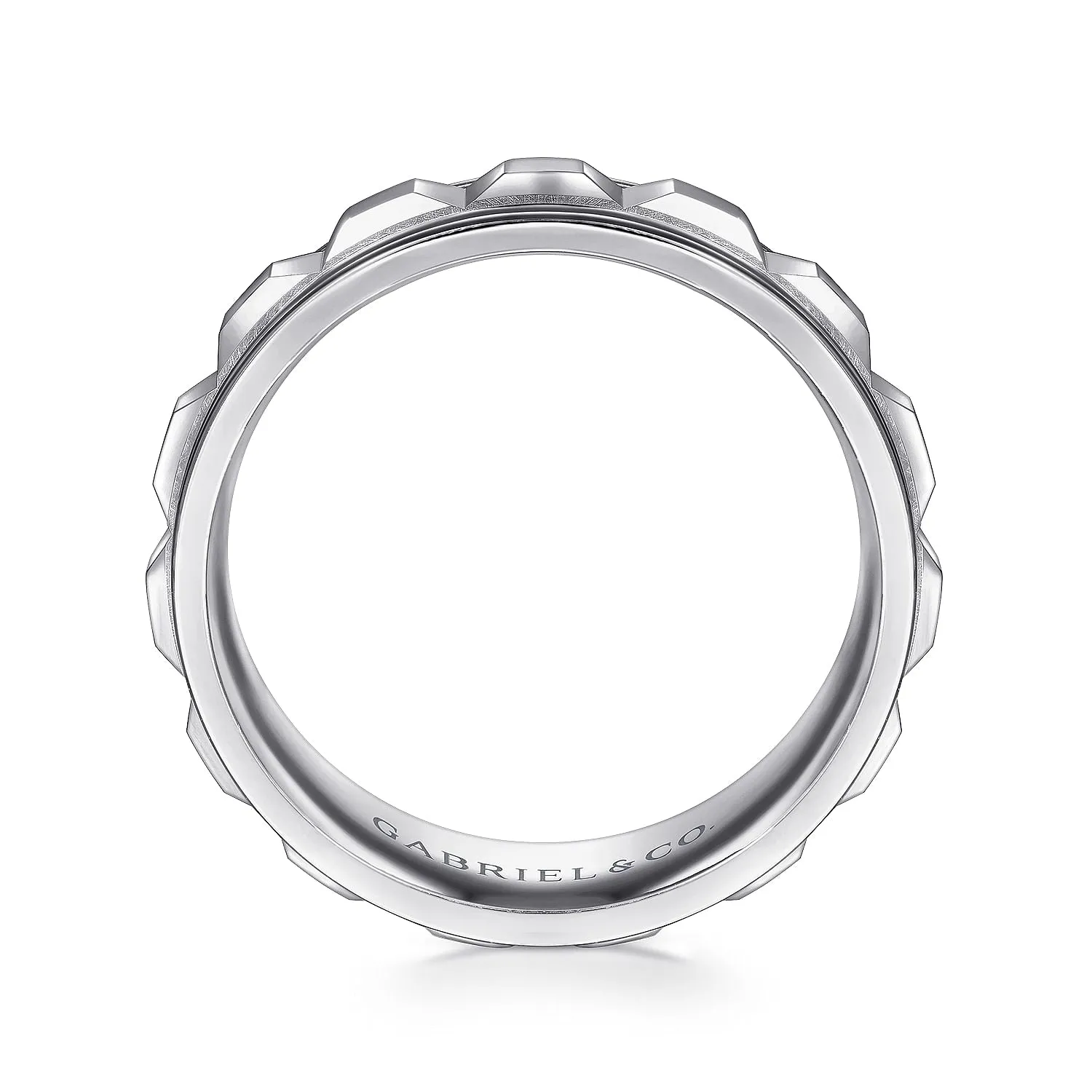 14K White Gold 8mm - Diamond Cut Inner Channel, Rounded Edge Men's Wedding Band in High Polished Finish