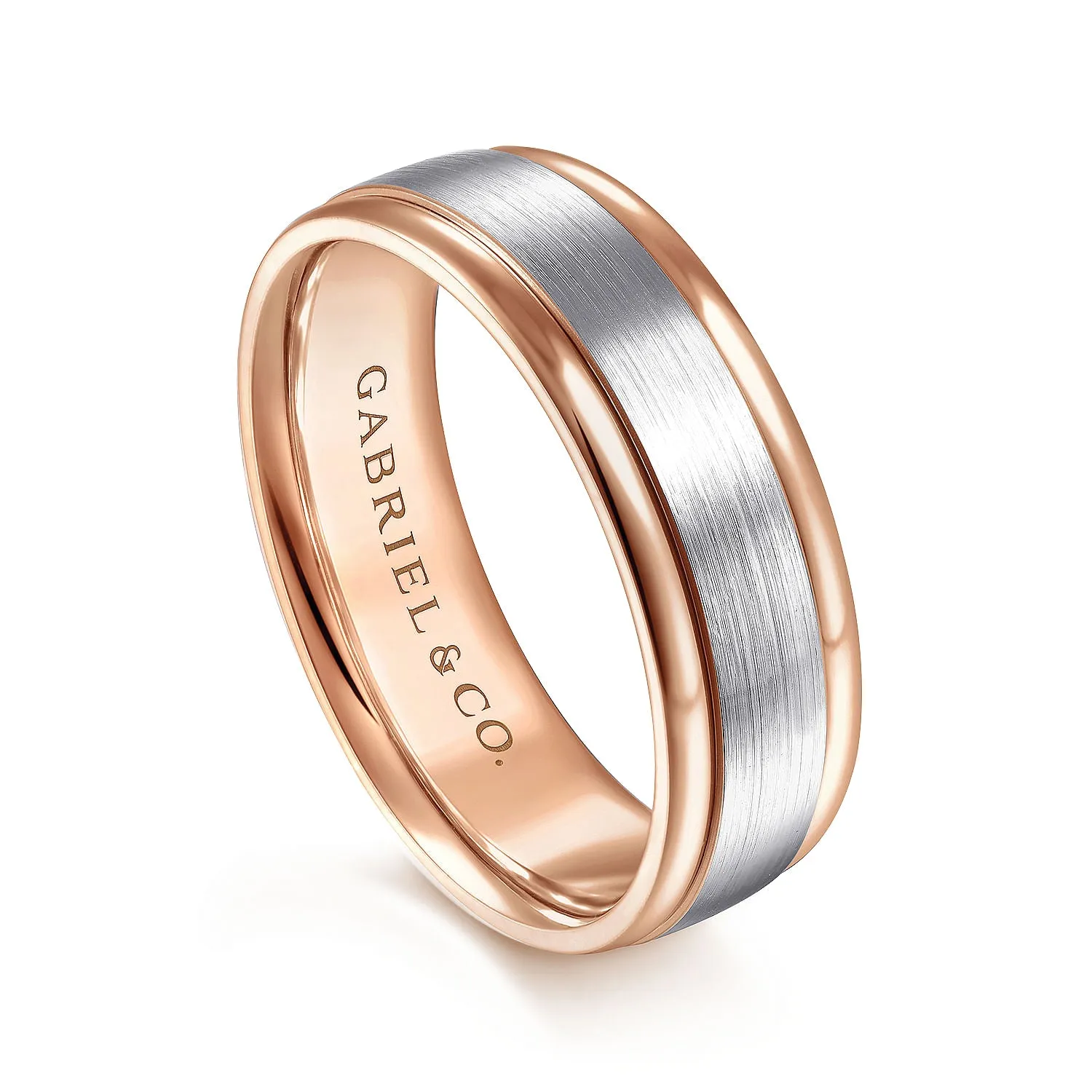 14K White-Rose Gold 7mm - Two Tone Men's Wedding Band in Satin Finish