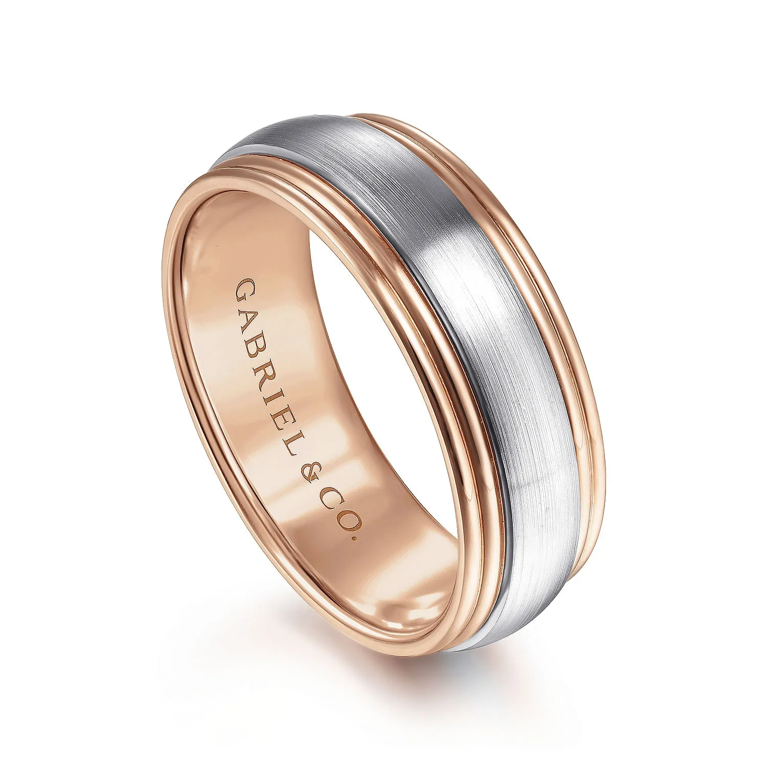 14K White-Rose Gold 8mm - Two Tone Men's Wedding Band in Satin Finish