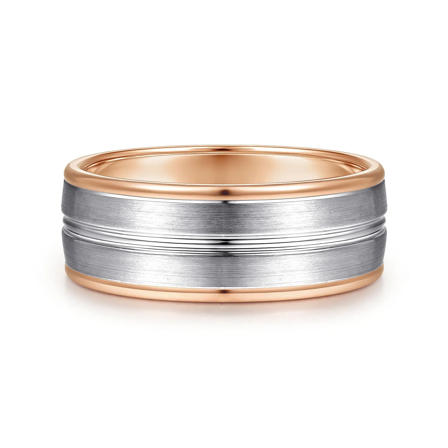 14K White-Rose Gold 8mm - Two Tone Men's Wedding Band in Satin Finish