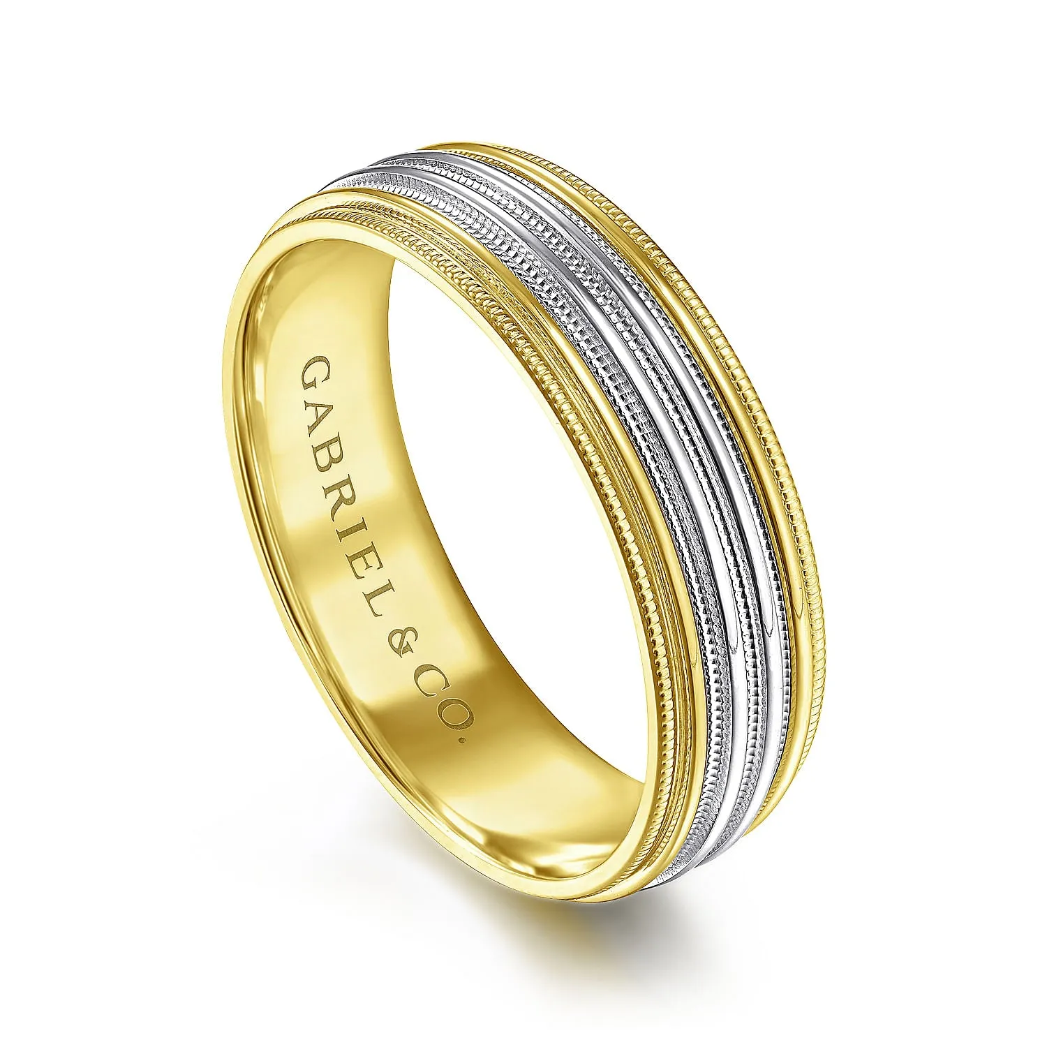 14K White-Yellow Gold 6mm - Milgrain Channel Men's Wedding Band