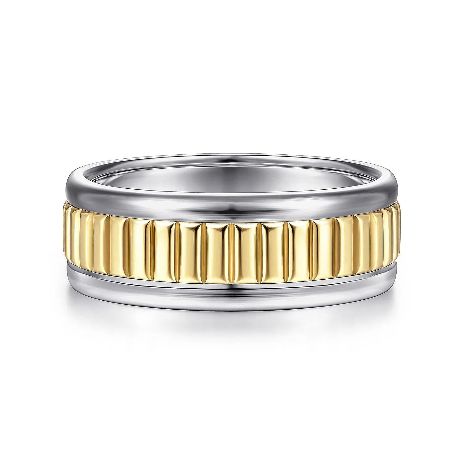 14K White-Yellow Gold 8mm - Two Tone Carved Men's Wedding Band in High Polish Finish