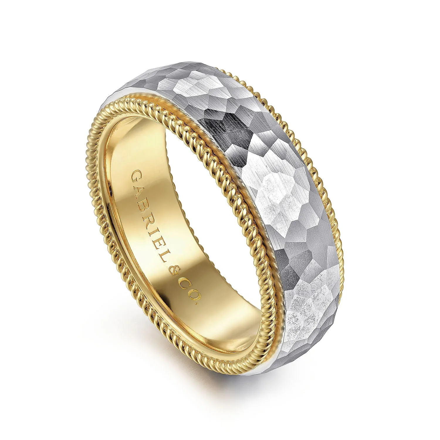 14K White-Yellow Gold 8mm - Two Tone Men's Wedding Band in Hammered Finish