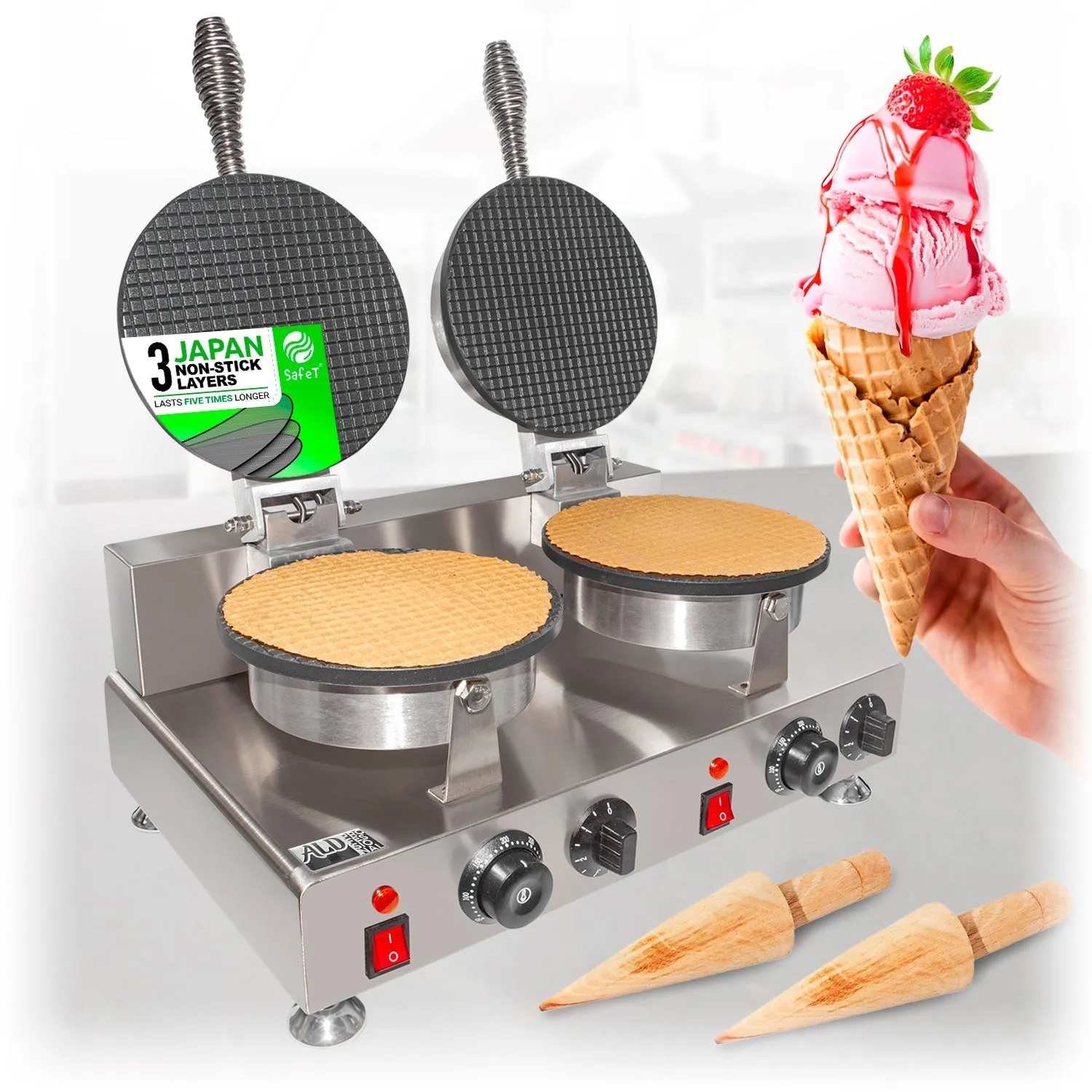 ALDKitchen Waffle Cone Maker | Commercial Double Ice Cream Cone Maker | Stainless Steel | Nonstick Coating | 2kW