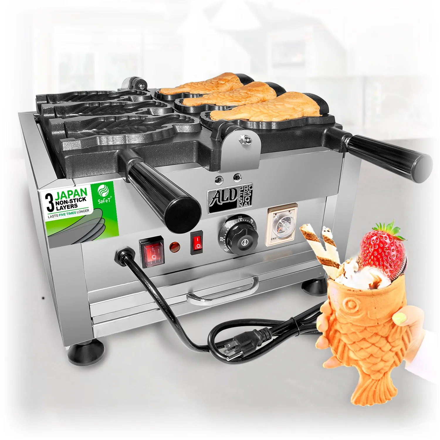 AP-1103B Taiyaki Fish Waffle Maker | Fish Shaped Waffle Machine | Stainless Steel | 3 Big Open-Mouth Fish Shaped Waffles