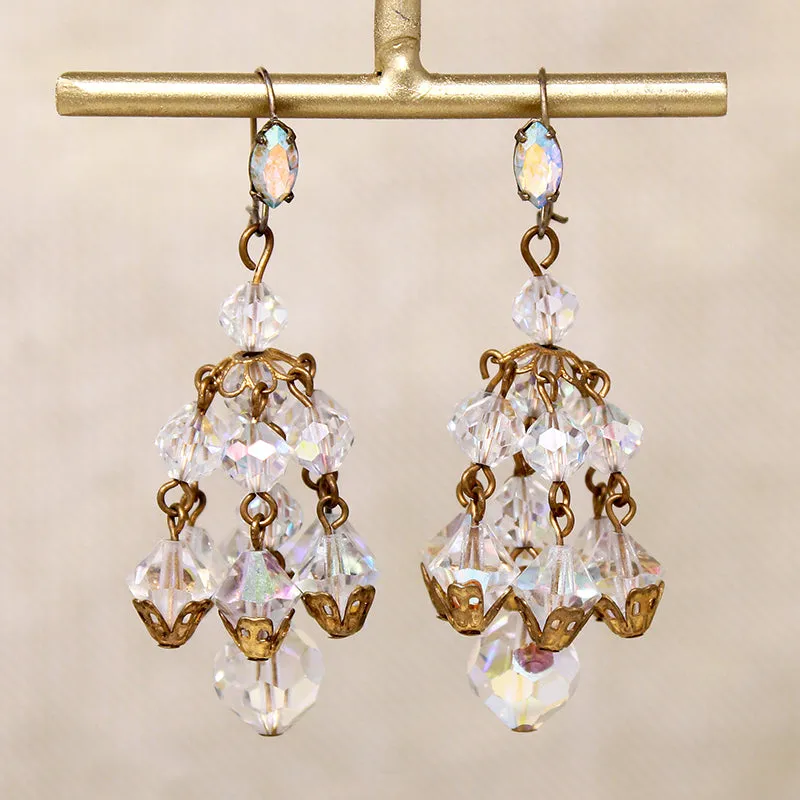 Aurora Borealis Beads & Brass Filigree Chandelier Earrings