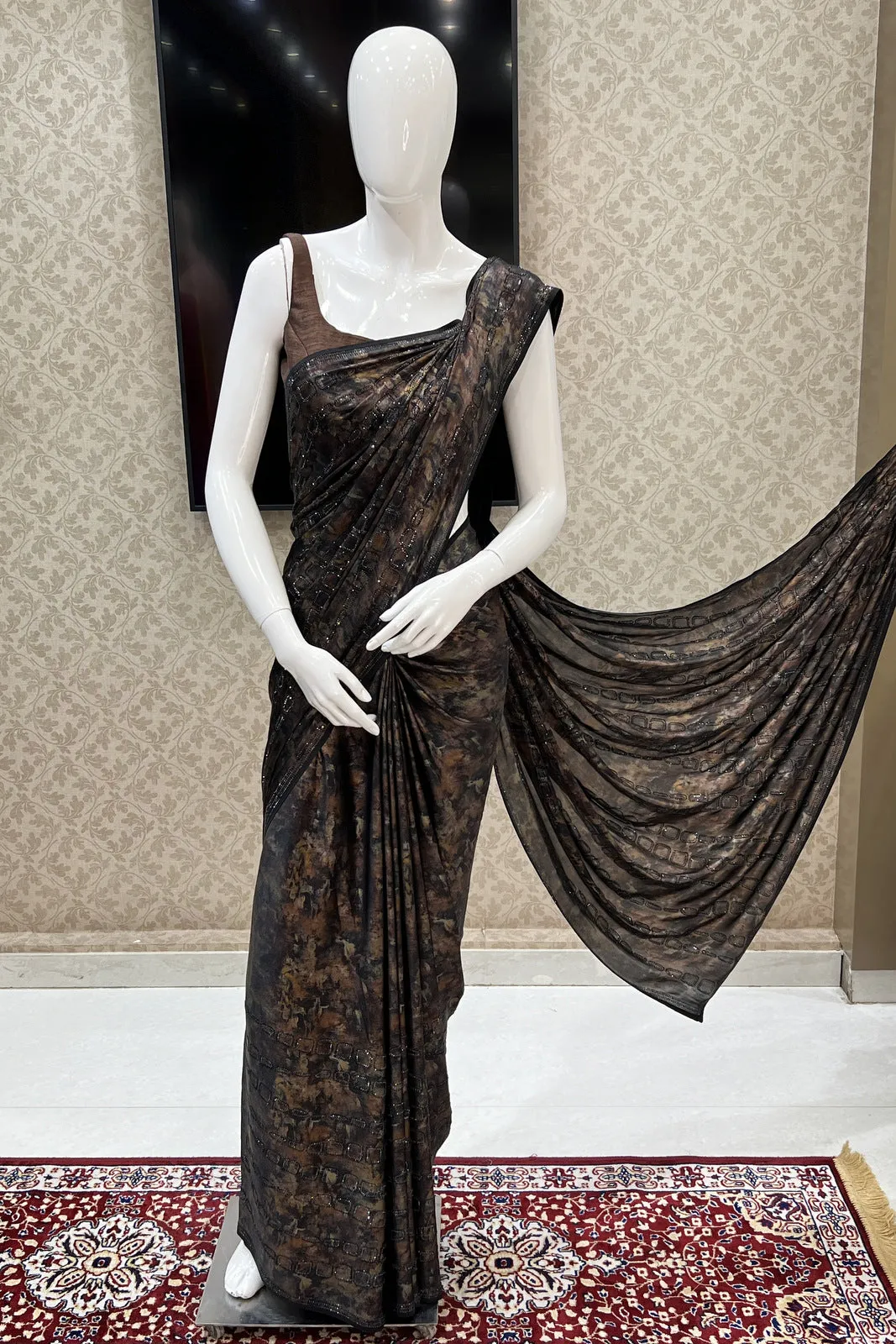 Black Digital Print with Stone work Saree