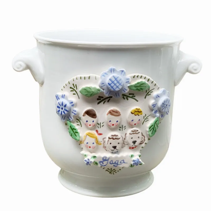 Cache Pot with Children's Faces - Blue Flowers and Heart