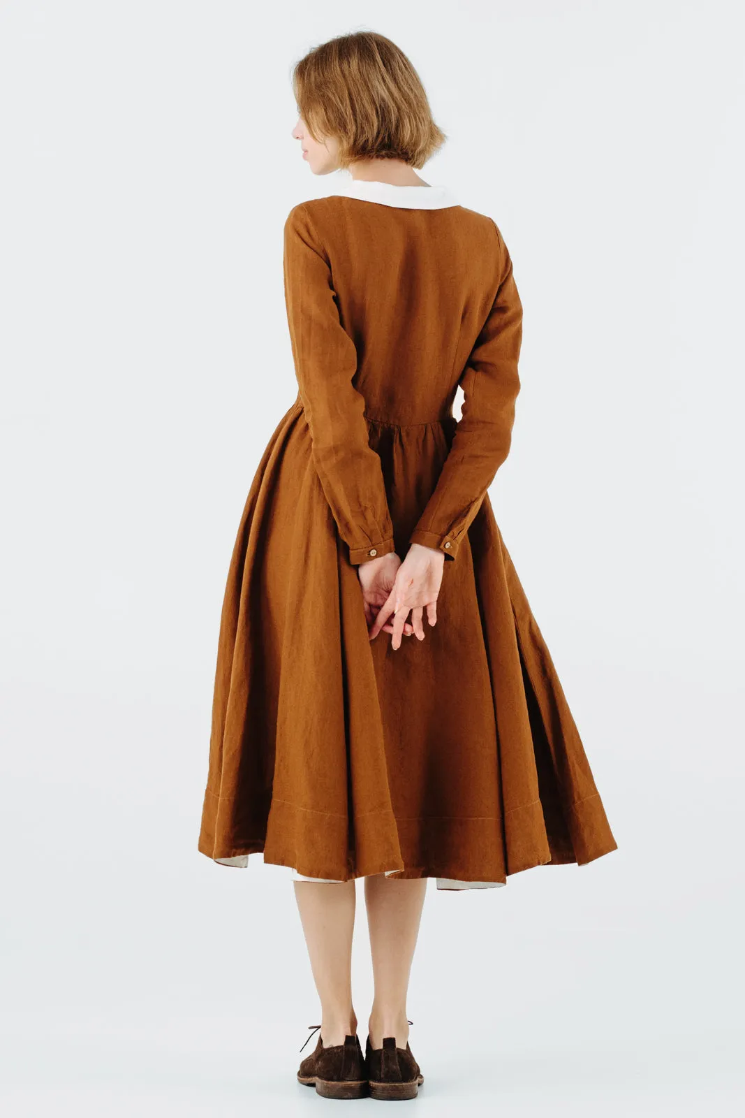 Classic Dress with Embroidered Hazelnut Collar, Long Sleeve