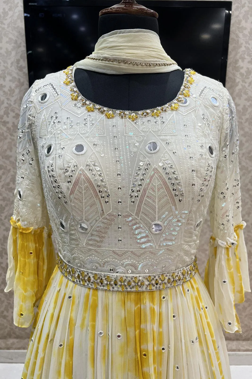 Cream with Yellow Tie and Dye Print, Sequins, Thread and Beads work Floor Length Anarkali Suit