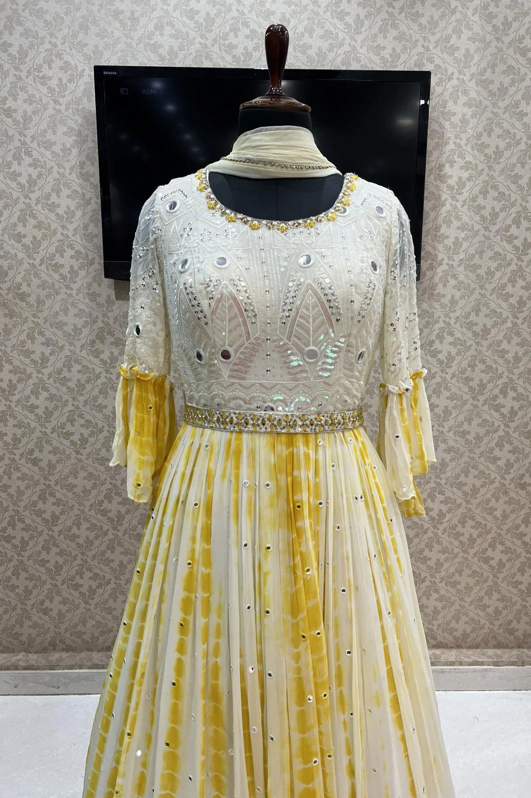 Cream with Yellow Tie and Dye Print, Sequins, Thread and Beads work Floor Length Anarkali Suit