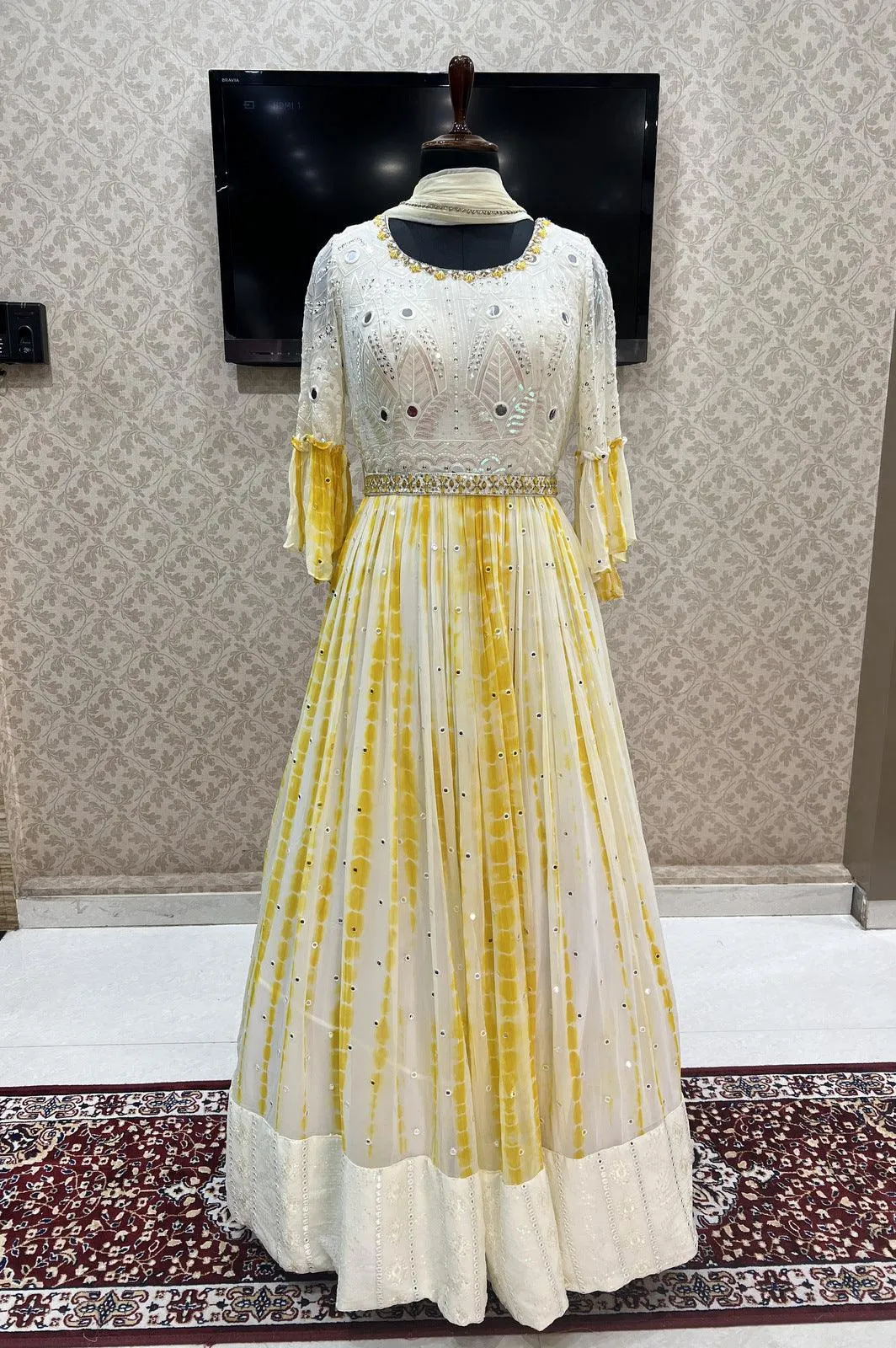 Cream with Yellow Tie and Dye Print, Sequins, Thread and Beads work Floor Length Anarkali Suit