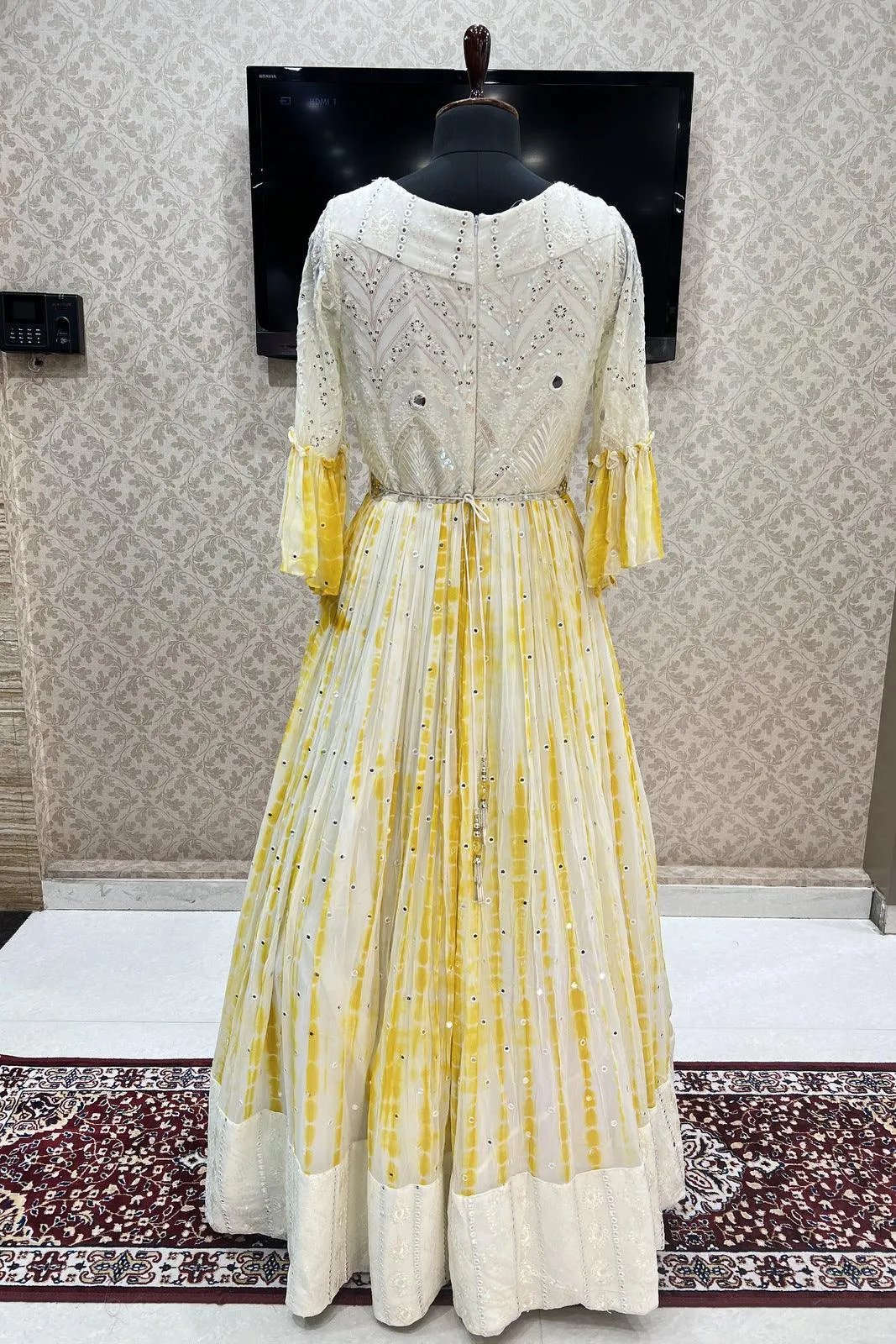 Cream with Yellow Tie and Dye Print, Sequins, Thread and Beads work Floor Length Anarkali Suit