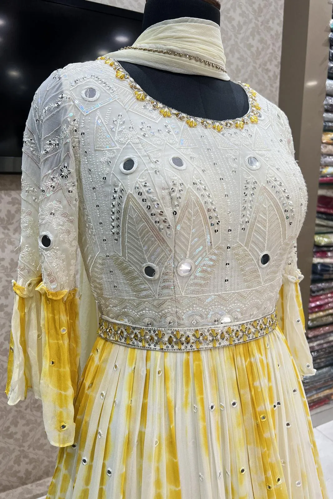 Cream with Yellow Tie and Dye Print, Sequins, Thread and Beads work Floor Length Anarkali Suit