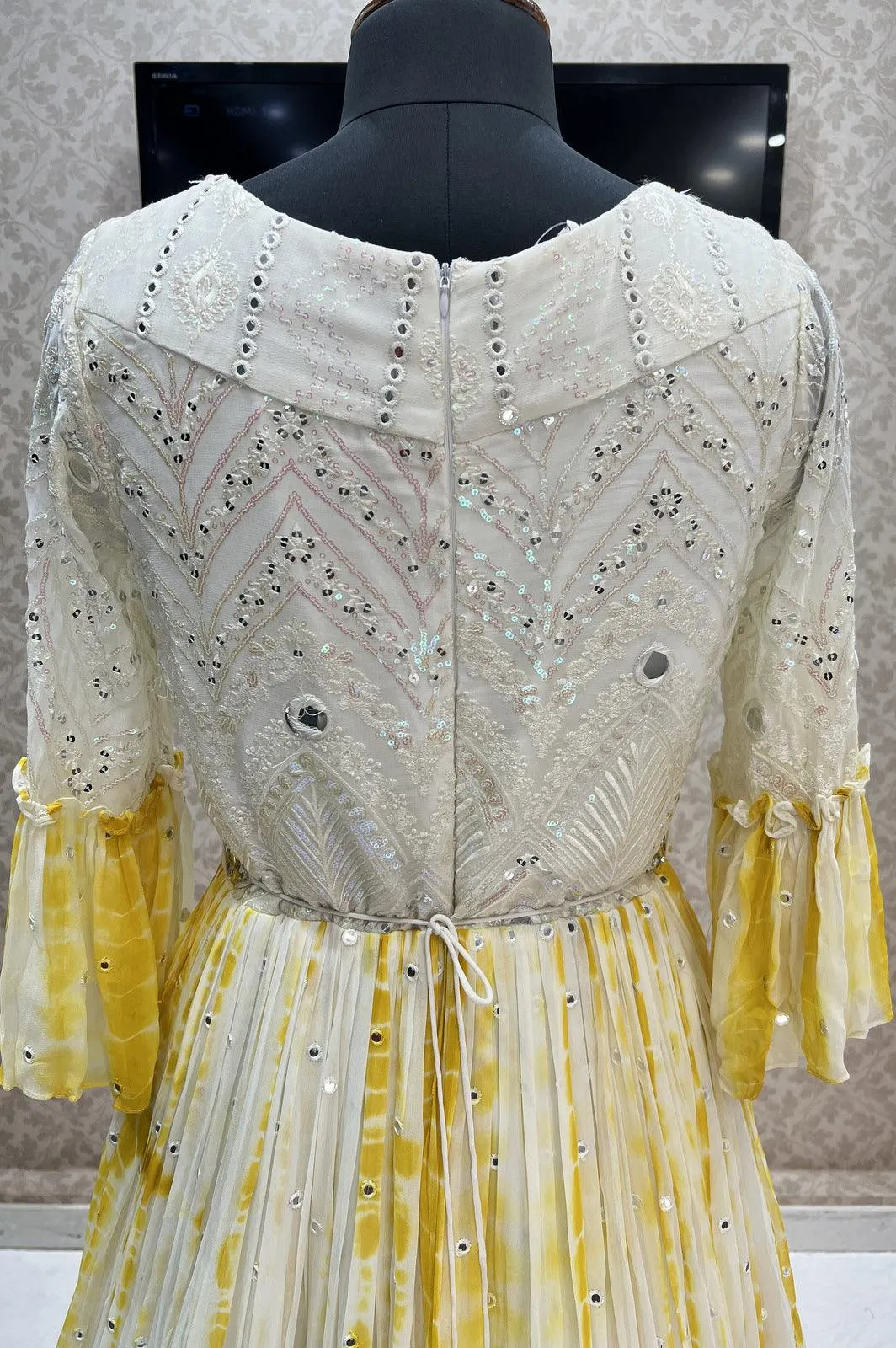 Cream with Yellow Tie and Dye Print, Sequins, Thread and Beads work Floor Length Anarkali Suit