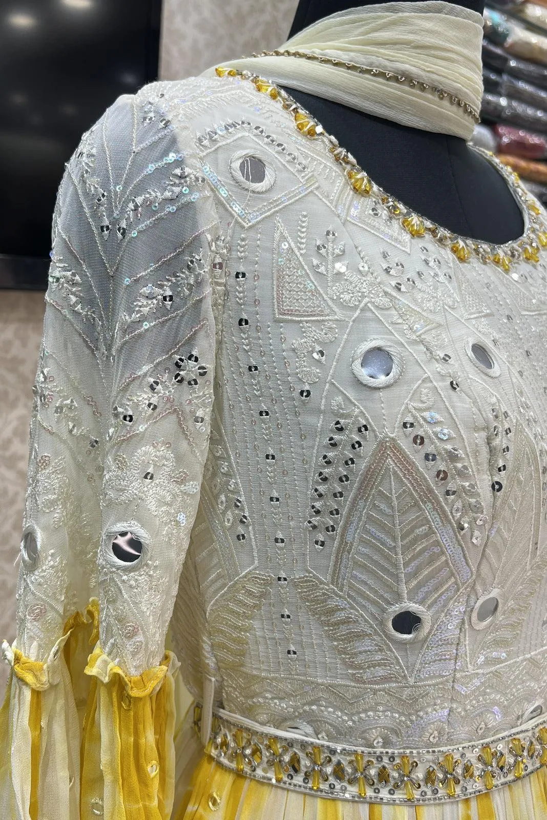 Cream with Yellow Tie and Dye Print, Sequins, Thread and Beads work Floor Length Anarkali Suit